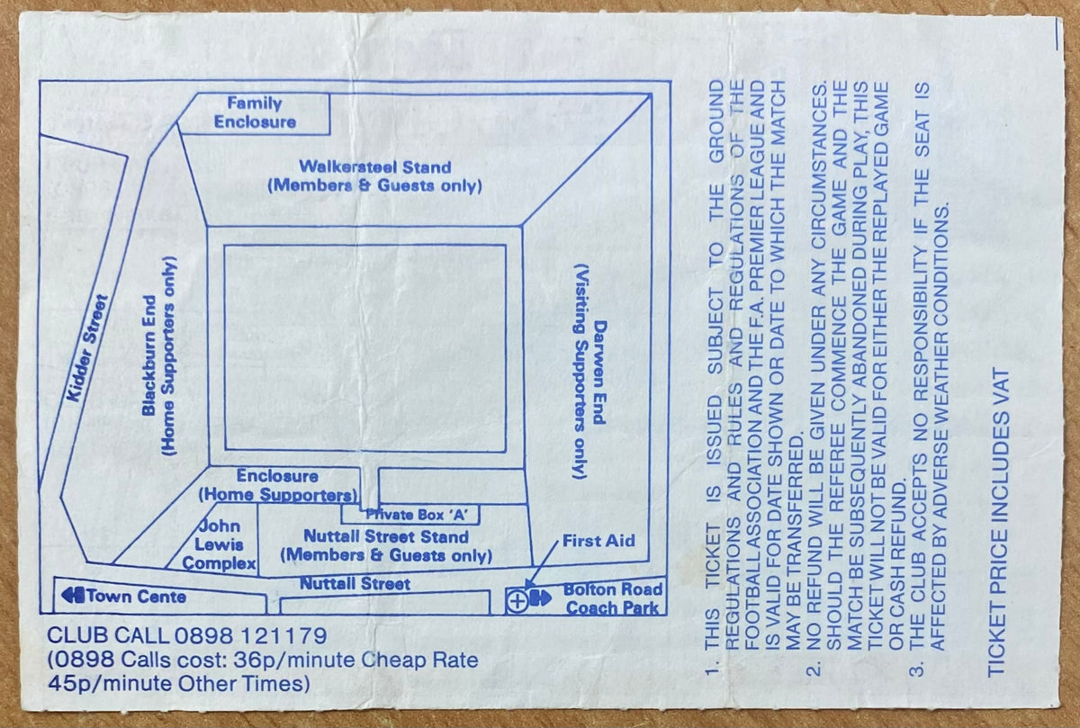 1992/93 ORIGINAL PREMIER LEAGUE TICKET BLACKBURN ROVERS V OLDHAM ATHLETIC