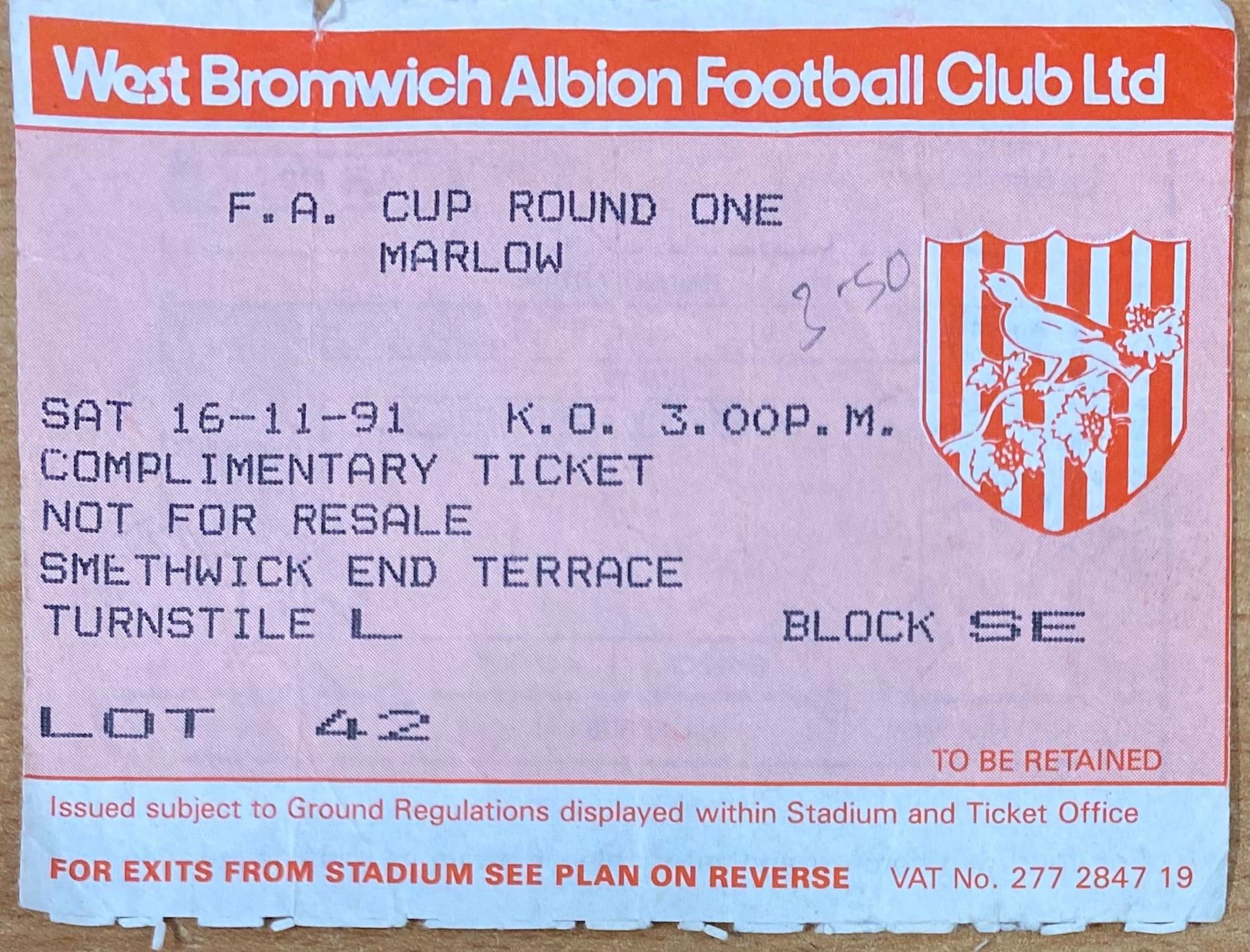 1991/92 ORIGINAL FA CUP 1ST ROUND TICKET WEST BROMWICH ALBION V MARLOW