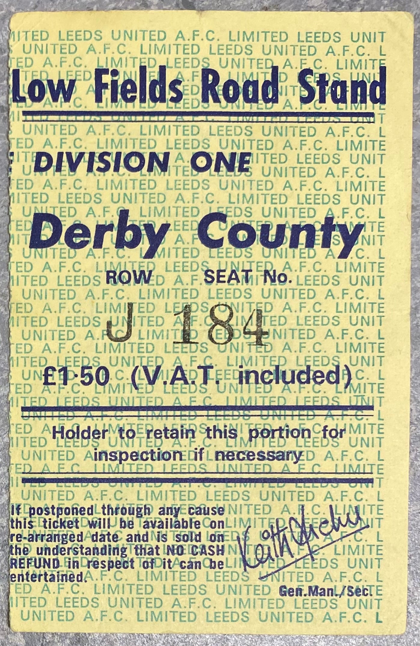 1975/76 ORIGINAL DIVISION ONE TICKET LEEDS UNITED V DERBY COUNTY