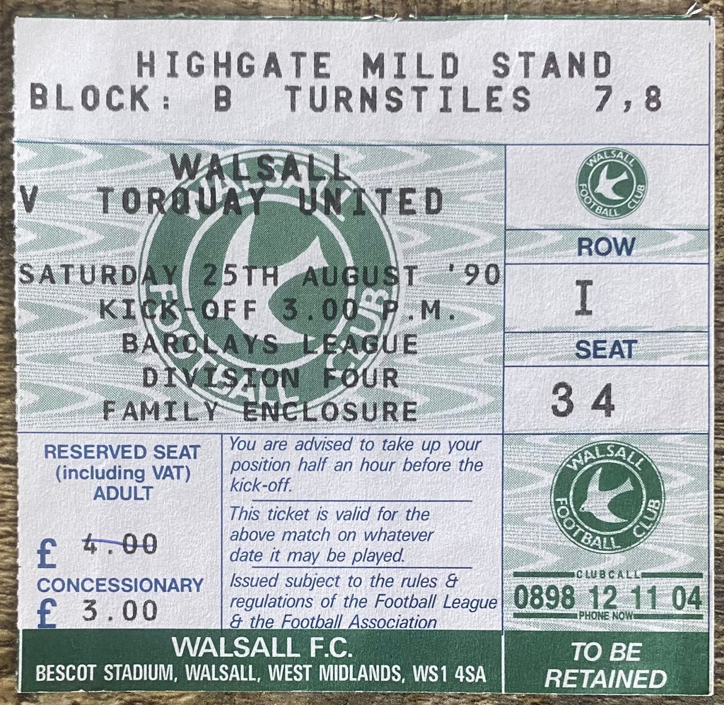 1990/91 ORIGINAL DIVISION 4 TICKET WALSALL V TORQUAY UNITED