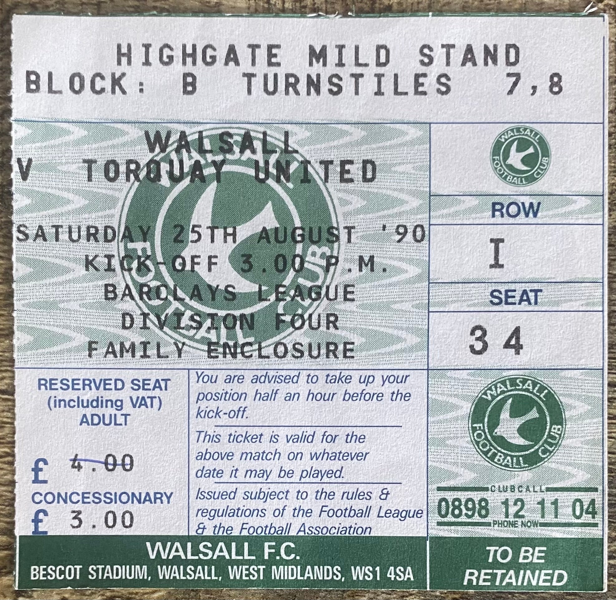 1990/91 ORIGINAL DIVISION 4 TICKET WALSALL V TORQUAY UNITED