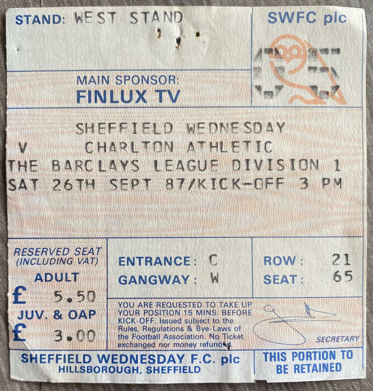 1987/88 ORIGINAL DIVISION 1 TICKET SHEFFIELD WEDNESDAY V CHARLTON ATHLETIC