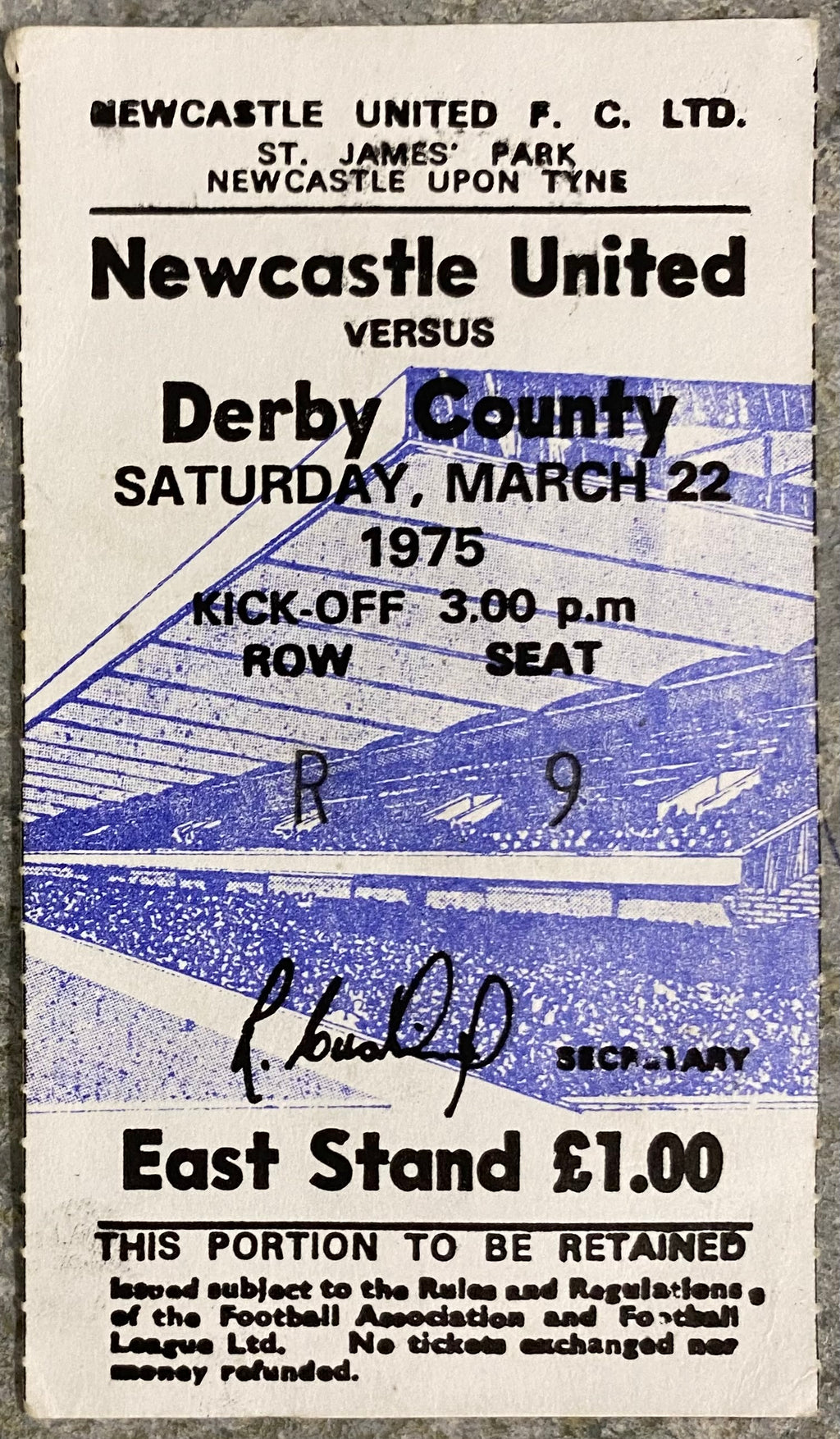 1974/75 ORIGINAL DIVISION 1 TICKET NEWCASTLE UNITED V DERBY COUNTY