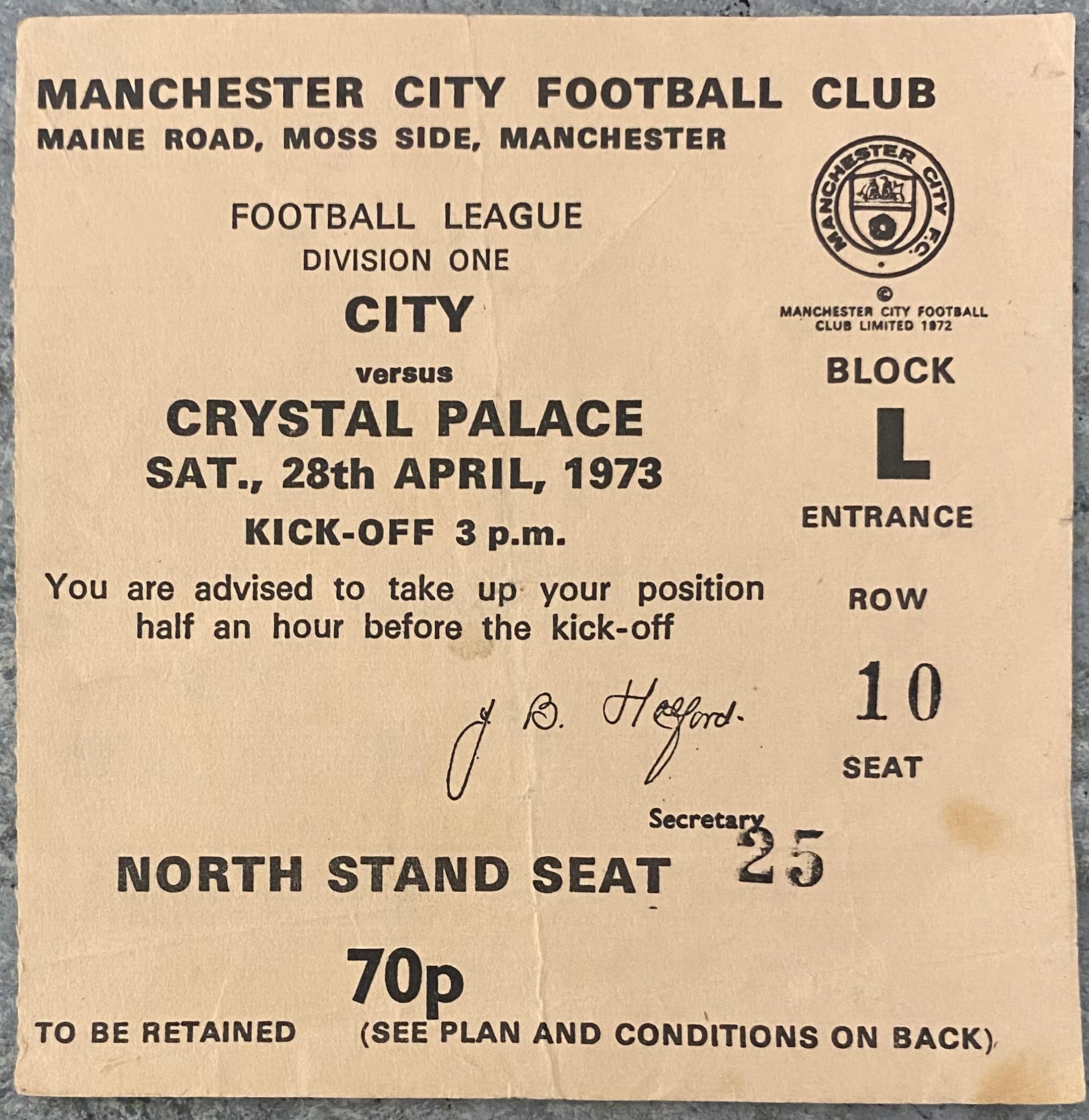 1972/73 ORIGINAL DIVISION 1 TICKET MANCHESTER CITY V CRYSTAL PALACE