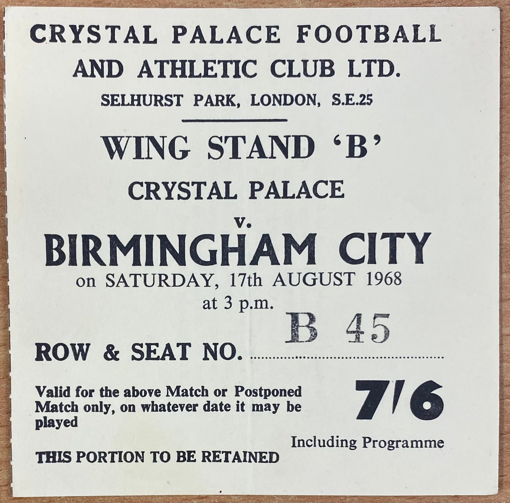 1968/69 ORIGINAL DIVISION 2 TICKET CRYSTAL PALACE V BIRMINGHAM CITY