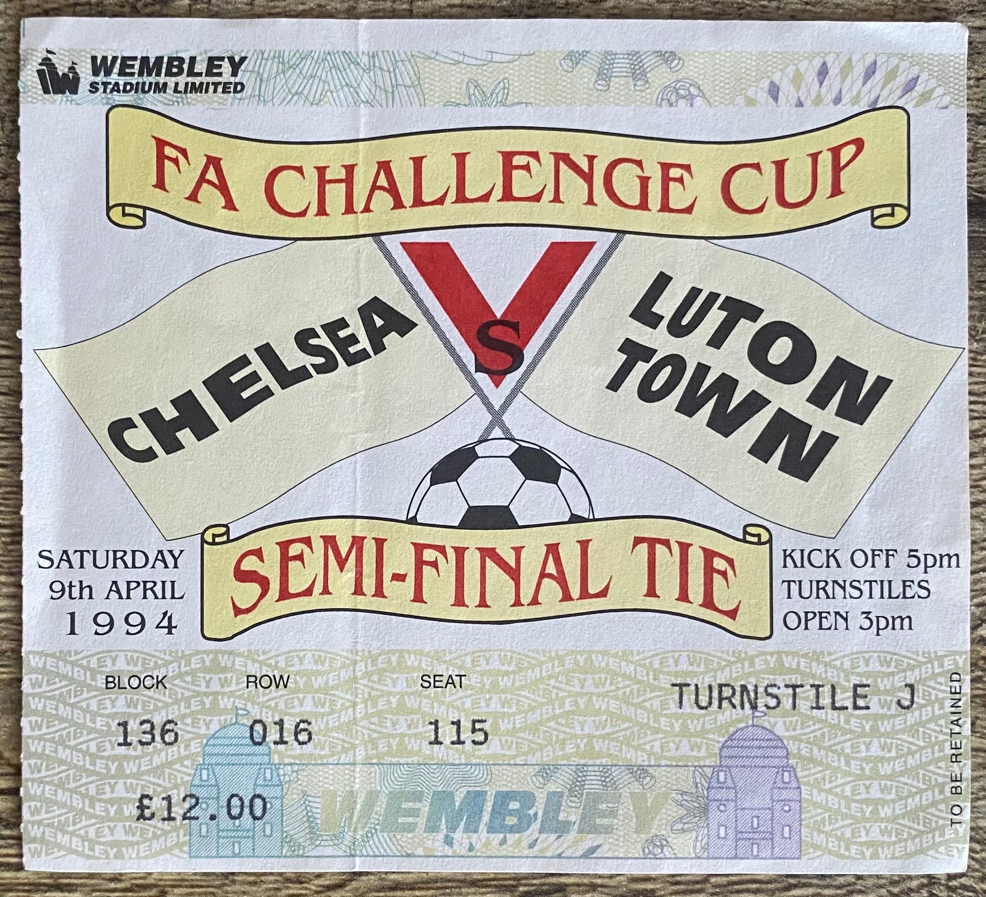 1994 ORIGINAL FA CUP SEMI FINAL TICKET CHELSEA V LUTON TOWN