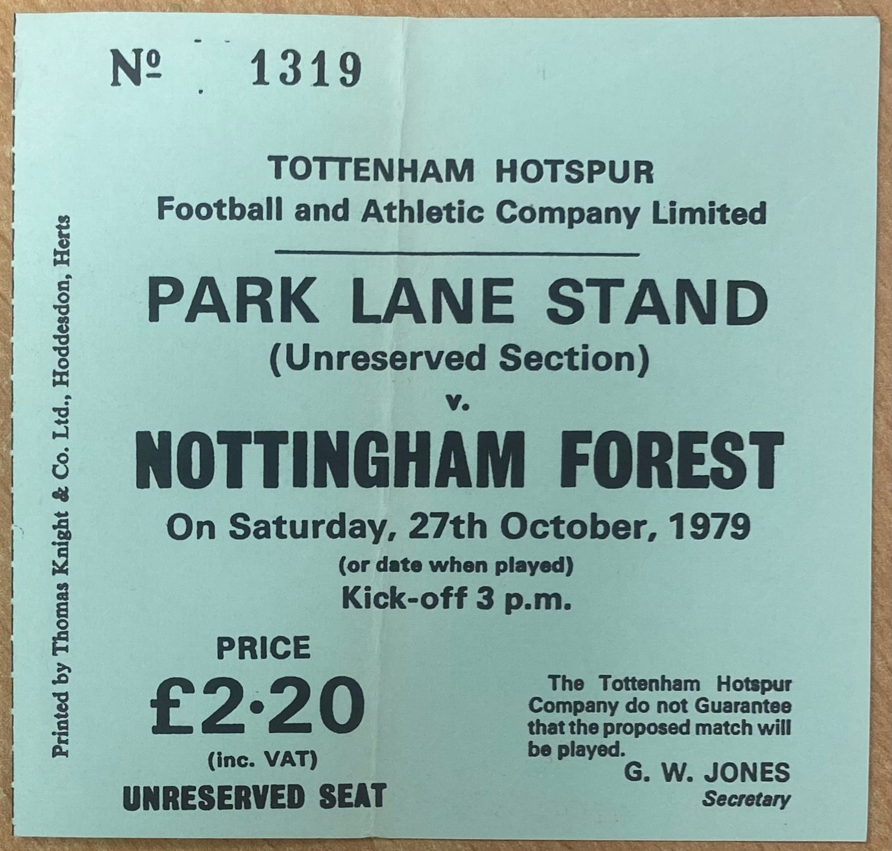 1979/80 ORIGINAL DIVISION ONE TICKET TOTTENHAM HOTSPUR V NOTTINGHAM FOREST