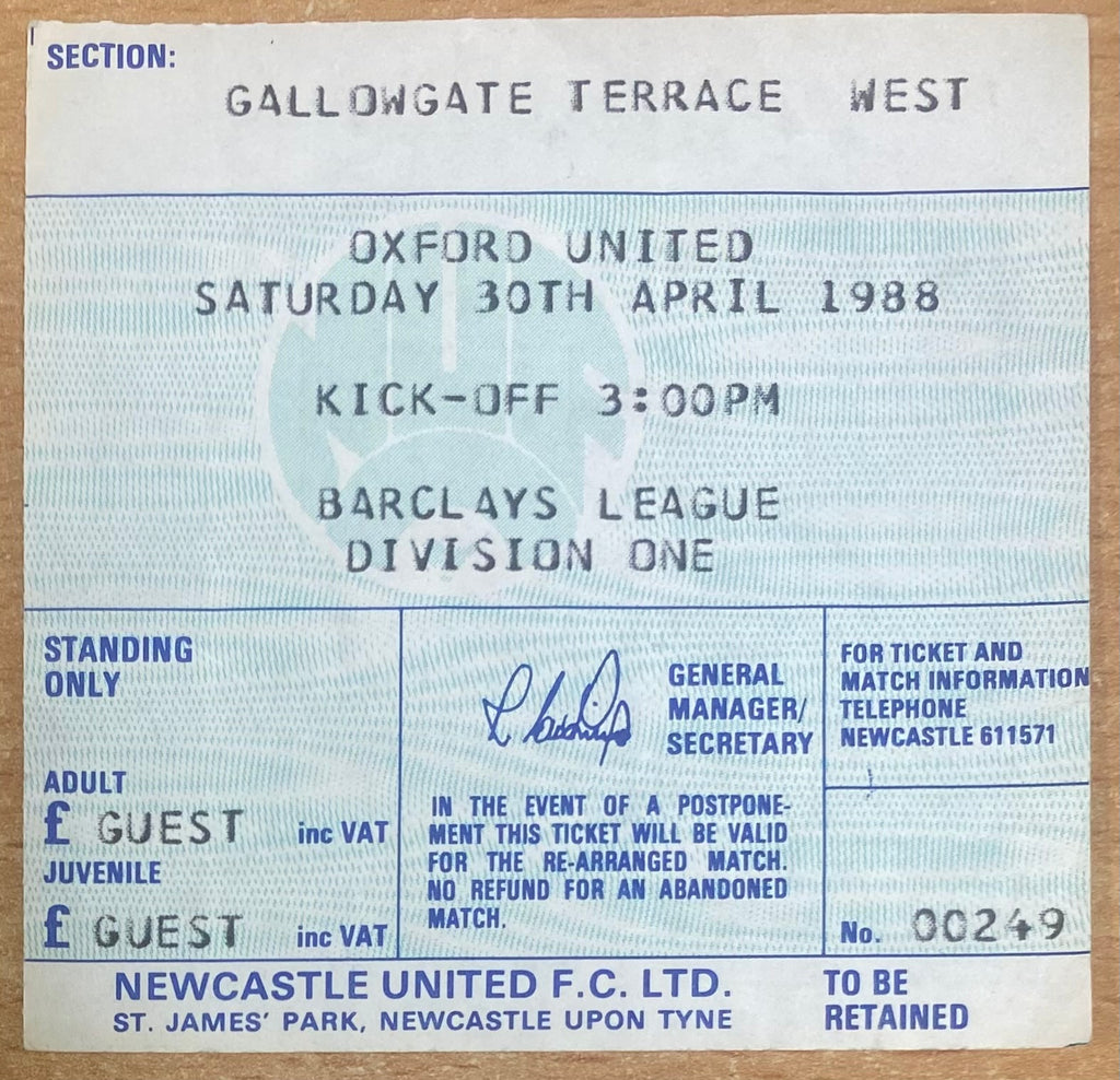 1987/88 ORIGINAL DIVISION 1 TICKET NEWCASTLE UNITED V OXFORD UNITED
