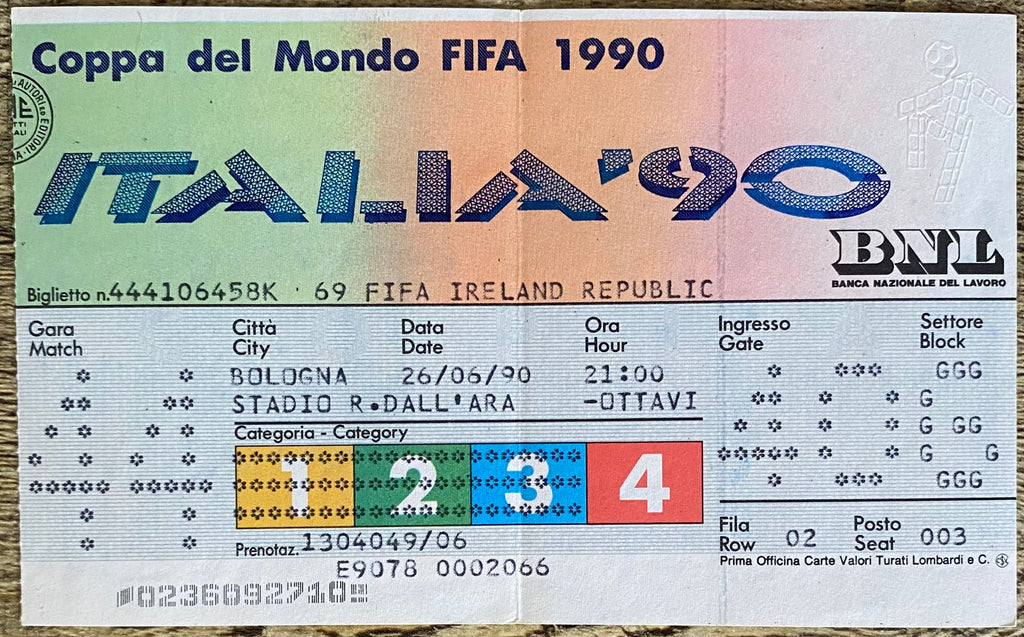 1990 ORIGINAL WORLD CUP 2ND ROUND TICKET ENGLAND V BELGIUM @ BOLOGNA