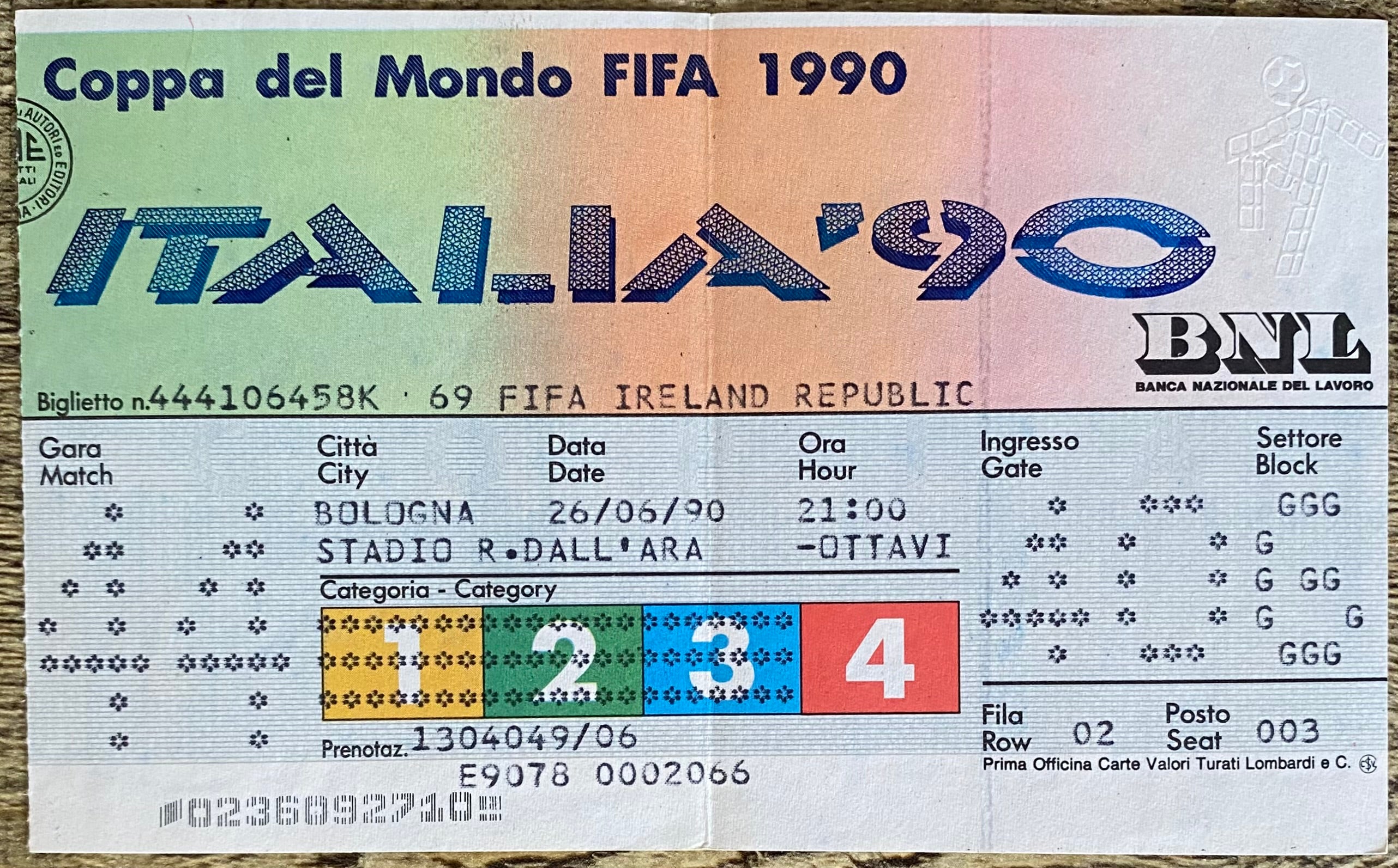 1990 ORIGINAL WORLD CUP 2ND ROUND TICKET ENGLAND V BELGIUM @ BOLOGNA