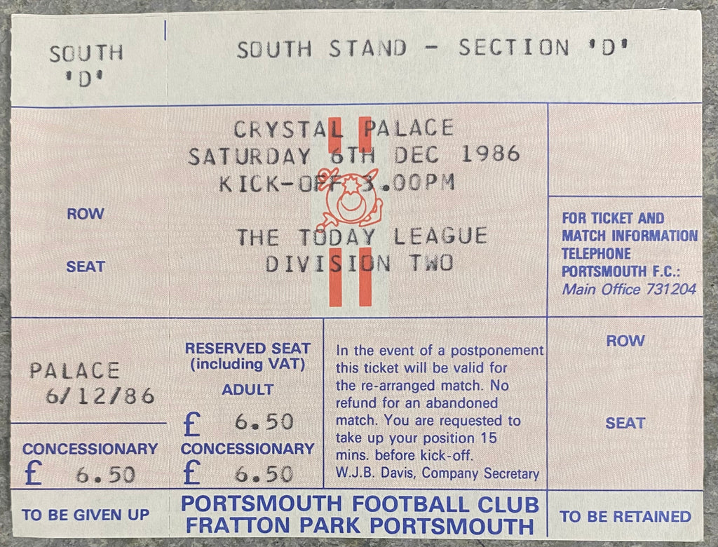 1986/87 ORIGINAL DIVISION 2 UNUSED TICKET PORTSMOUTH V CRYSTAL PALACE