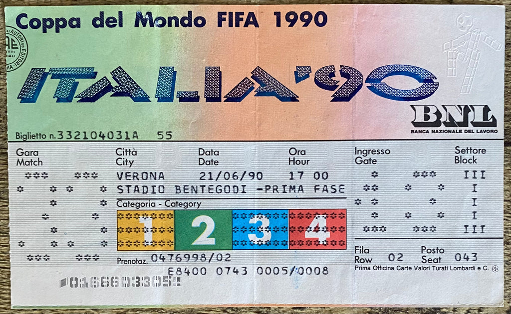 1990 ORIGINAL WORLD CUP 1ST ROUND TICKET BELGIUM V SPAIN @ VERONA