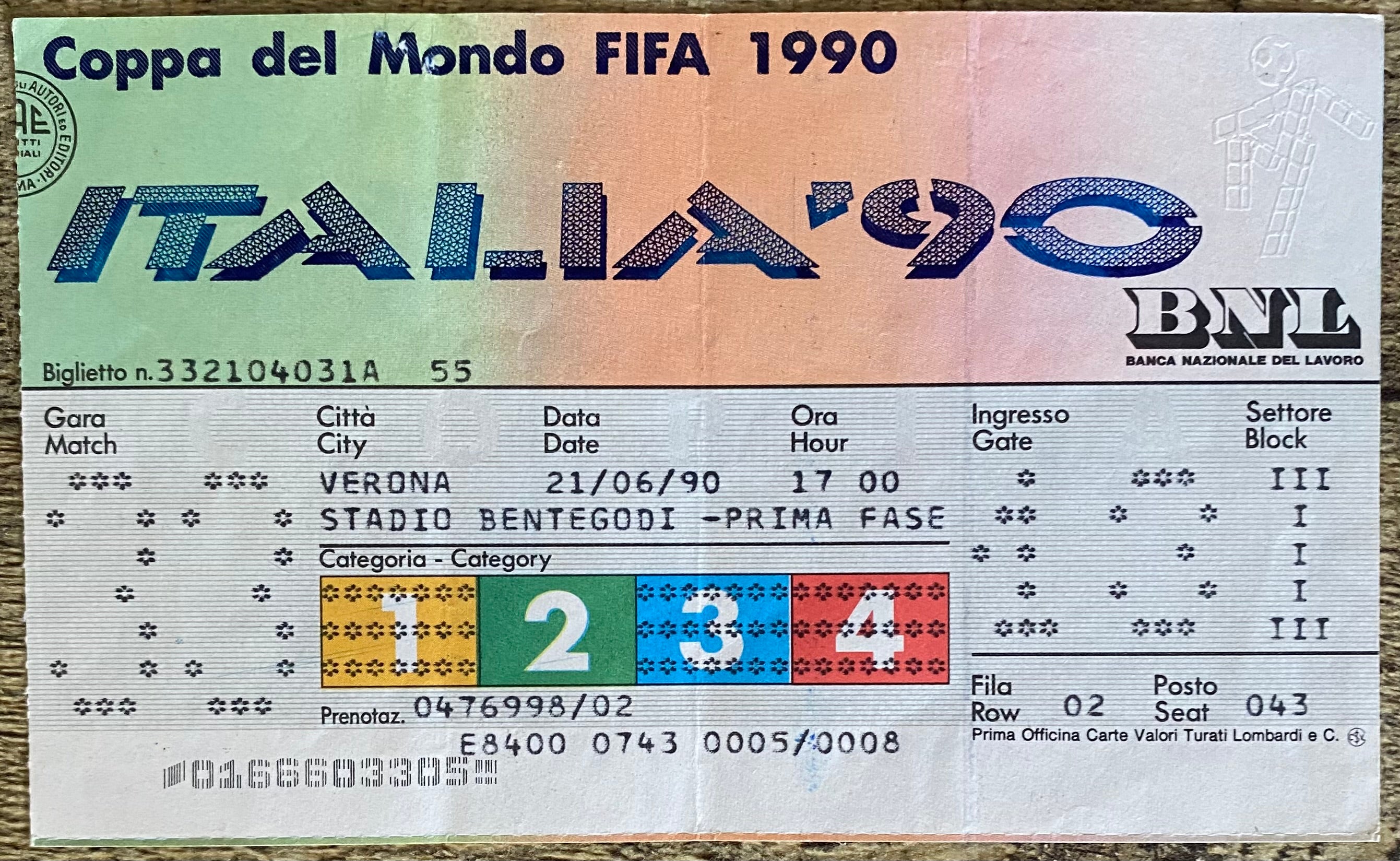 1990 ORIGINAL WORLD CUP 1ST ROUND TICKET BELGIUM V SPAIN @ VERONA