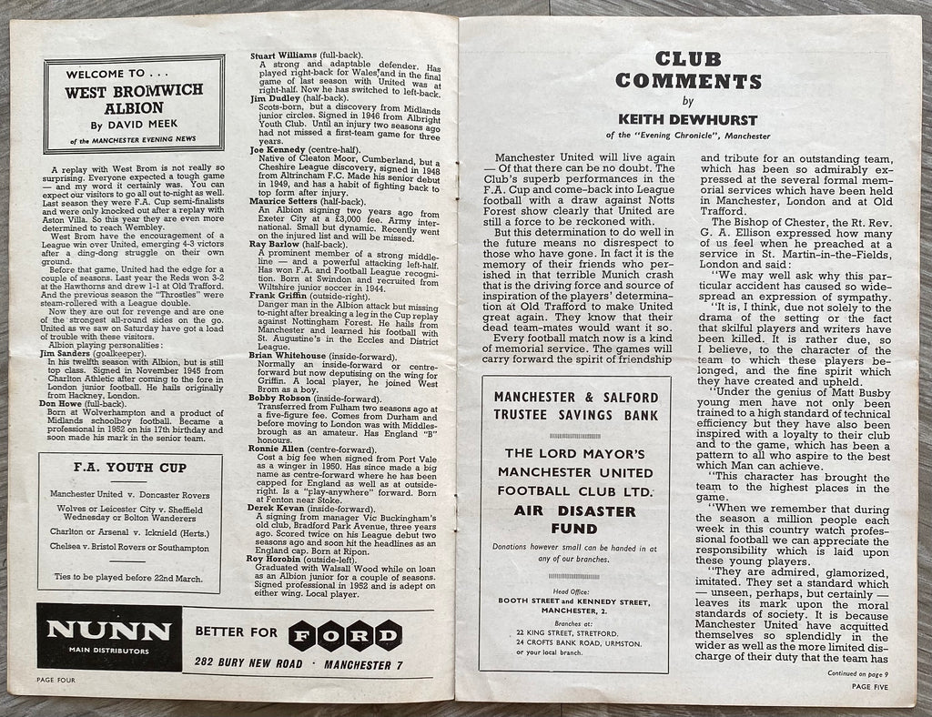 1957/58 ORIGINAL FA CUP 6TH ROUND REPLAY PROGRAMME MANCHESTER UNITED V WEST BROMWICH ALBION