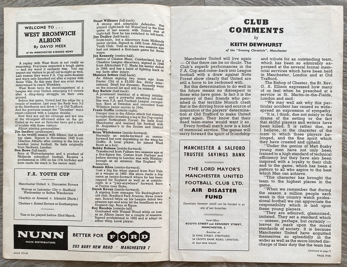 1957/58 ORIGINAL FA CUP 6TH ROUND REPLAY PROGRAMME MANCHESTER UNITED V WEST BROMWICH ALBION