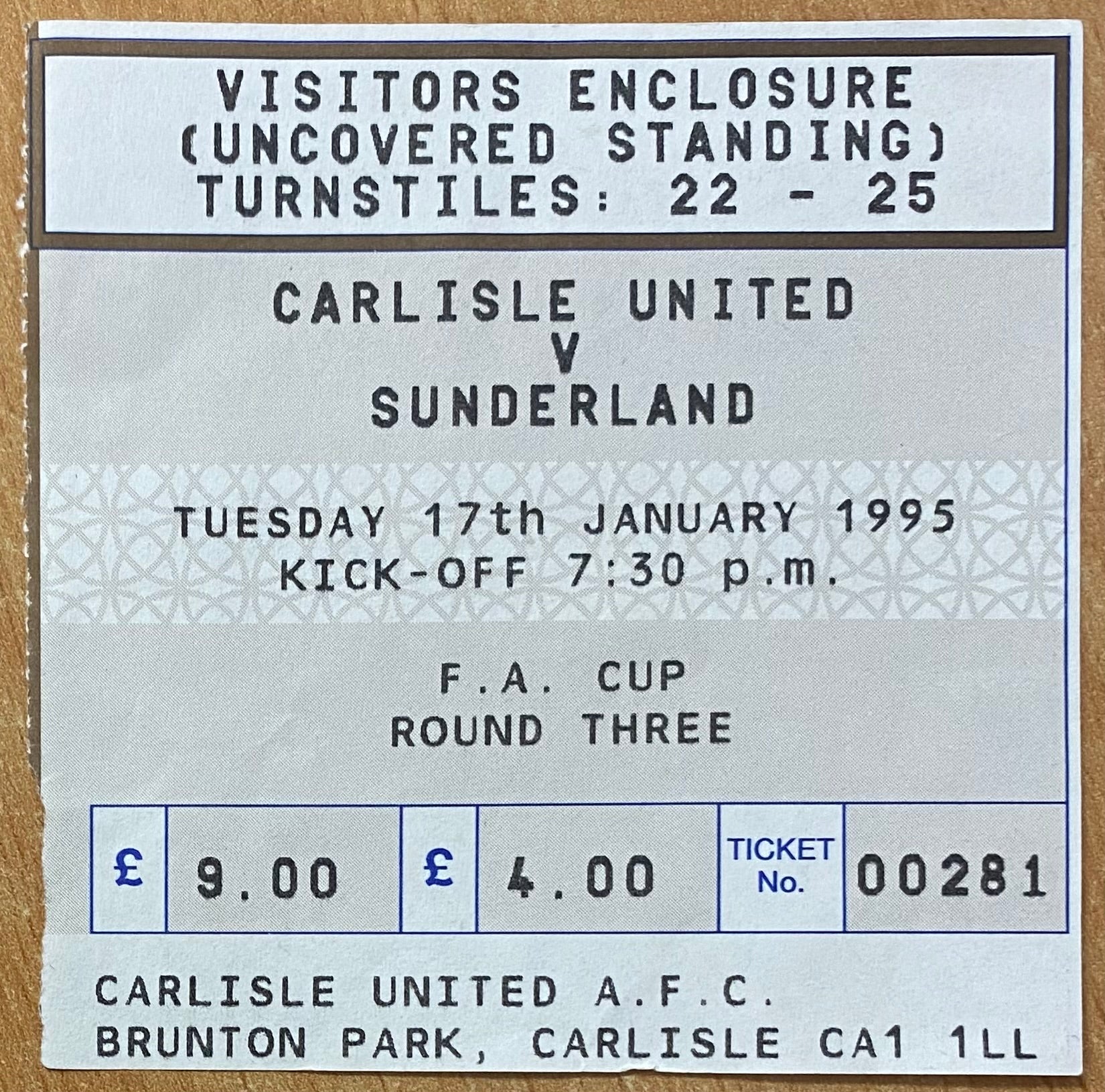 1994/95 ORIGINAL FA CUP 3RD ROUND TICKET CARLISLE UNITED V SUNDERLAND
