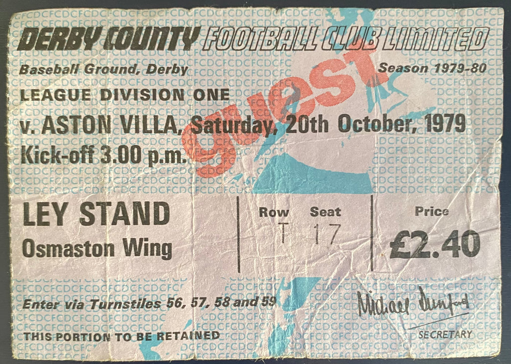 1979/80 ORIGINAL DIVISION 1 TICKET DERBY COUNTY V ASTON VILLA + TRAVEL TICKET