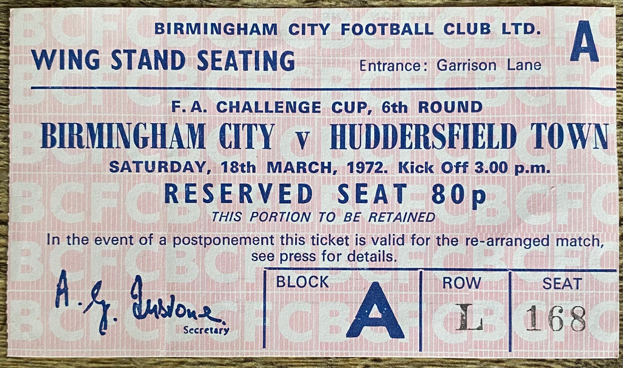 1971/72 ORIGINAL FA CUP 6TH ROUND TICKET BIRMINGHAM CITY V HUDDERSFIELD TOWN