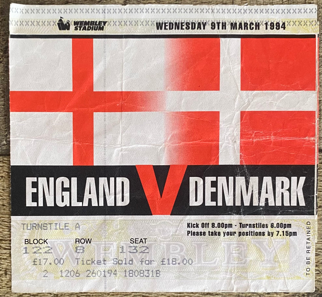 1994 ORIGINAL INTERNATIONAL TICKET ENGLAND V DENMARK