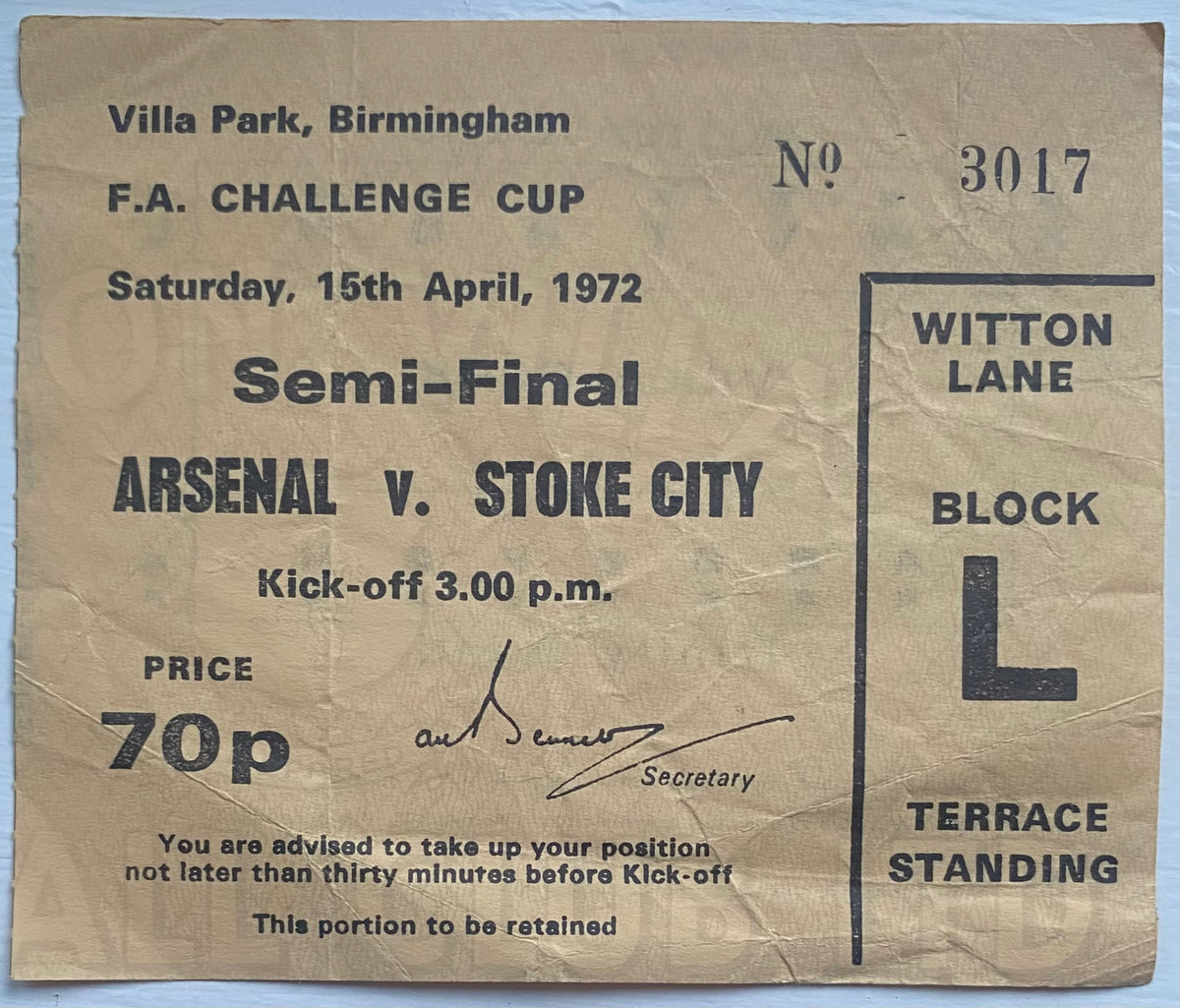 1972 ORIGINAL FA CUP SEMI FINAL TICKET STOKE CITY V ARSENAL @VILLA PARK