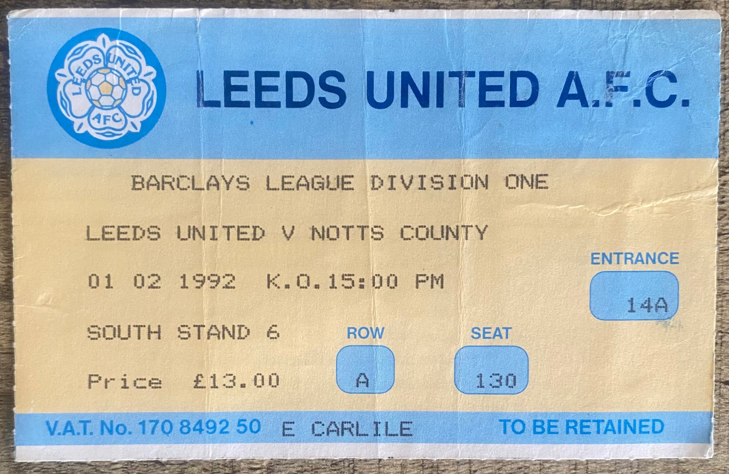 1991/92 ORIGINAL DIVISION 1 TICKET LEEDS UNITED V NOTTS COUNTY