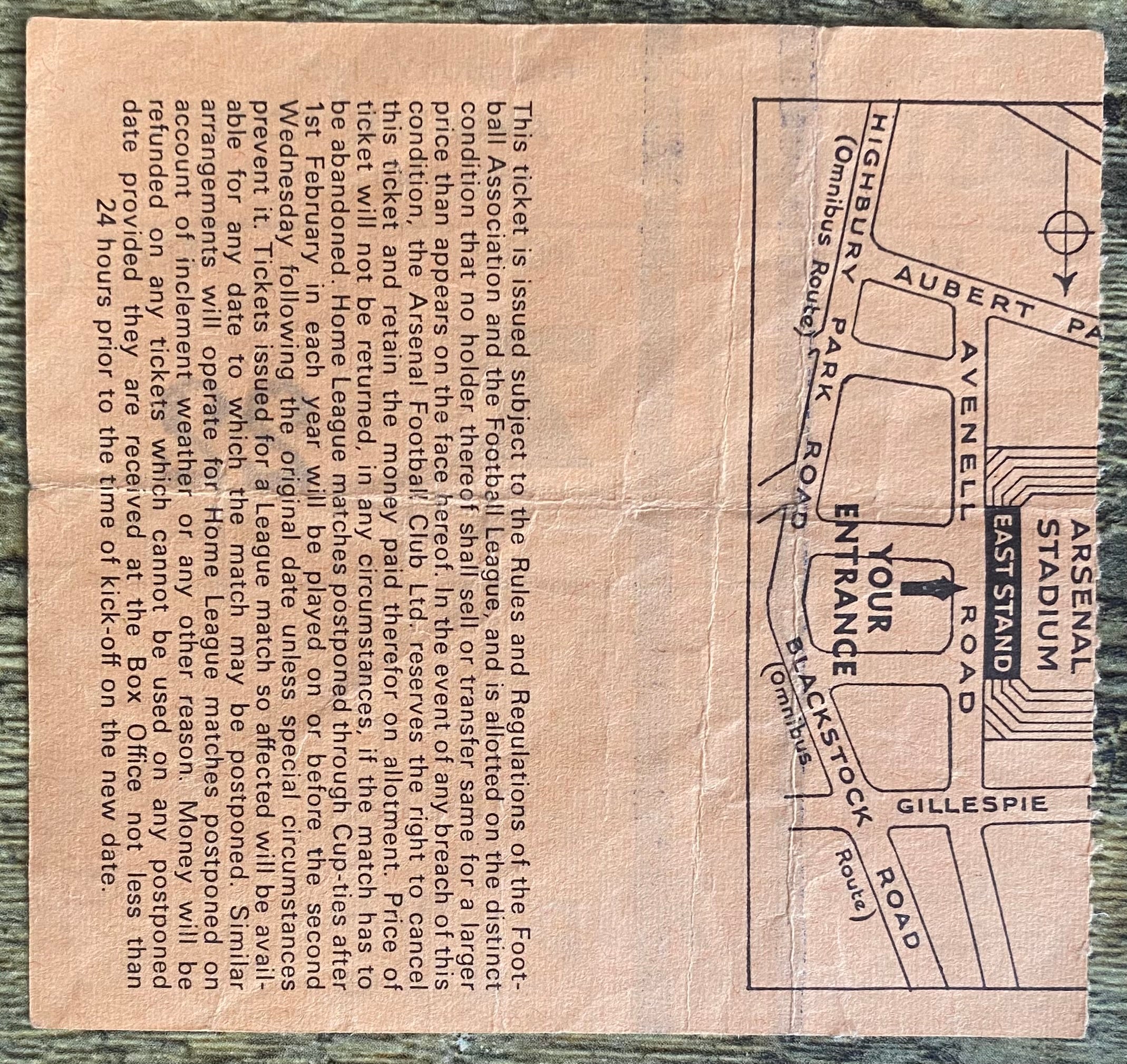 1970/71 ORIGINAL DIVISION ONE TICKET ARSENAL V NEWCASTLE UNITED