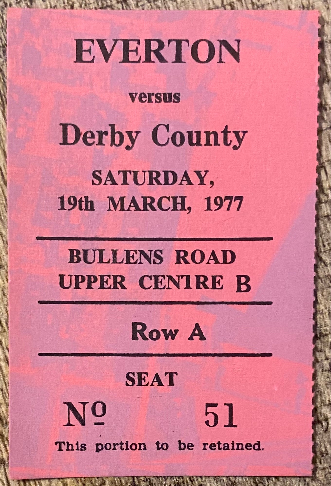 1976/77 ORIGINAL DIVISION ONE TICKET EVERTON V DERBY COUNTY