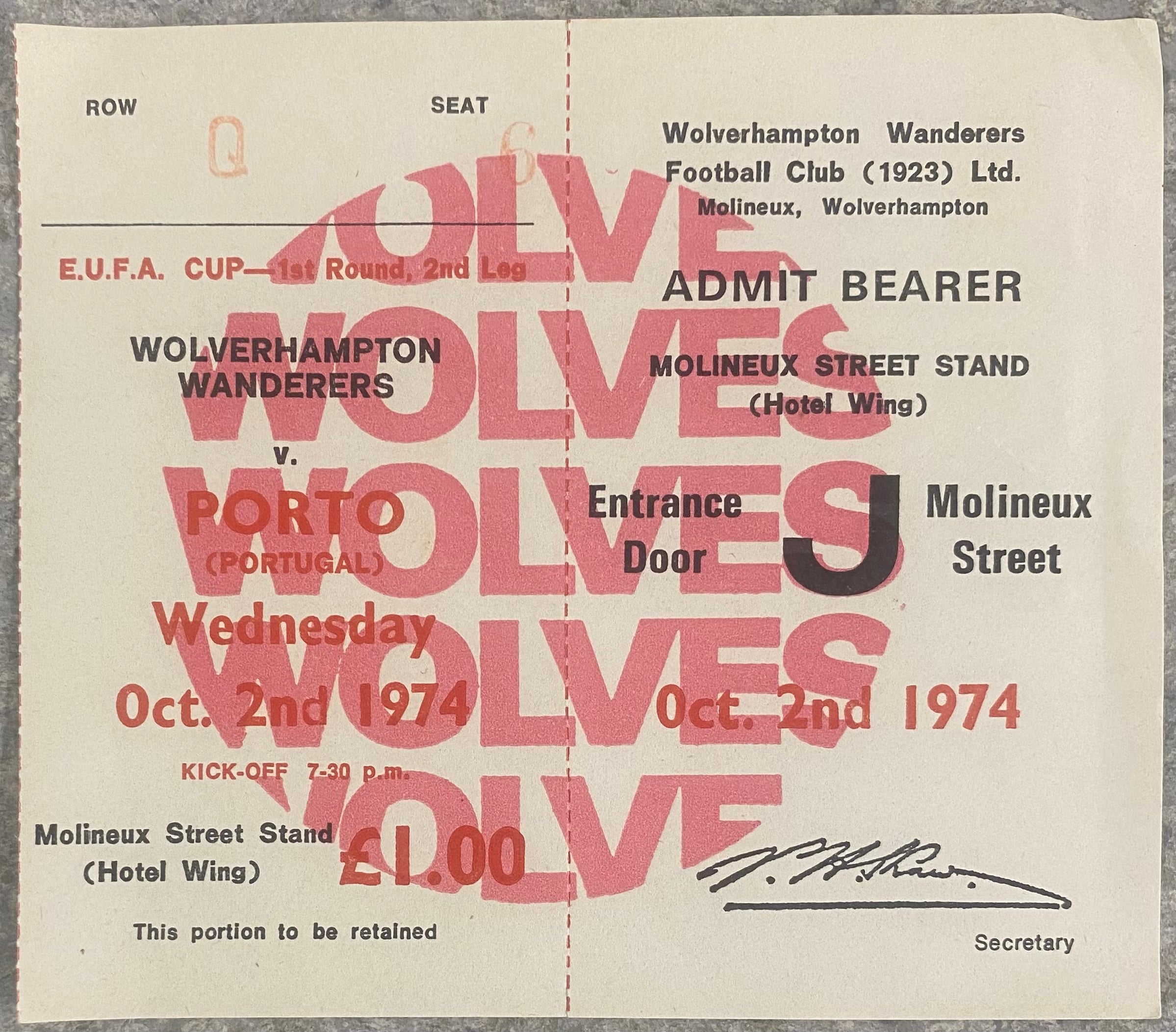 1974/75 ORIGINAL UEFA CUP 1ST ROUND 2ND LEG UNUSED TICKET WOLVERHAMPTON WANDERERS V PORTO