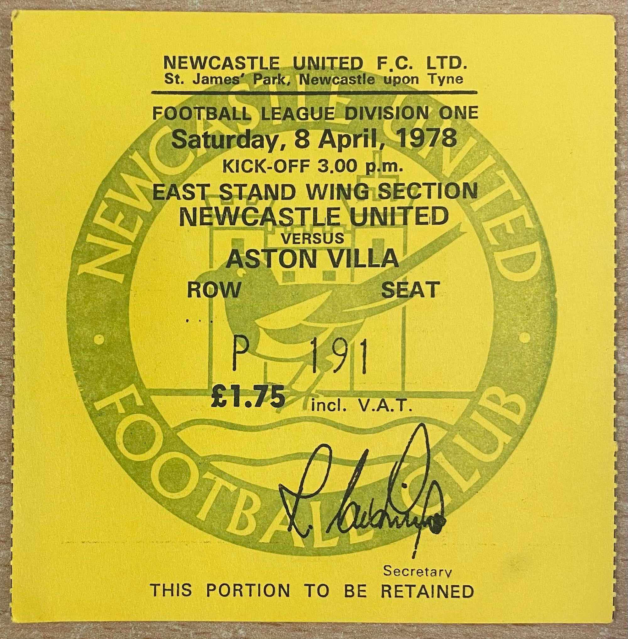 1977/78 ORIGINAL DIVISION 1 TICKET NEWCASTLE UNITED V ASTON VILLA