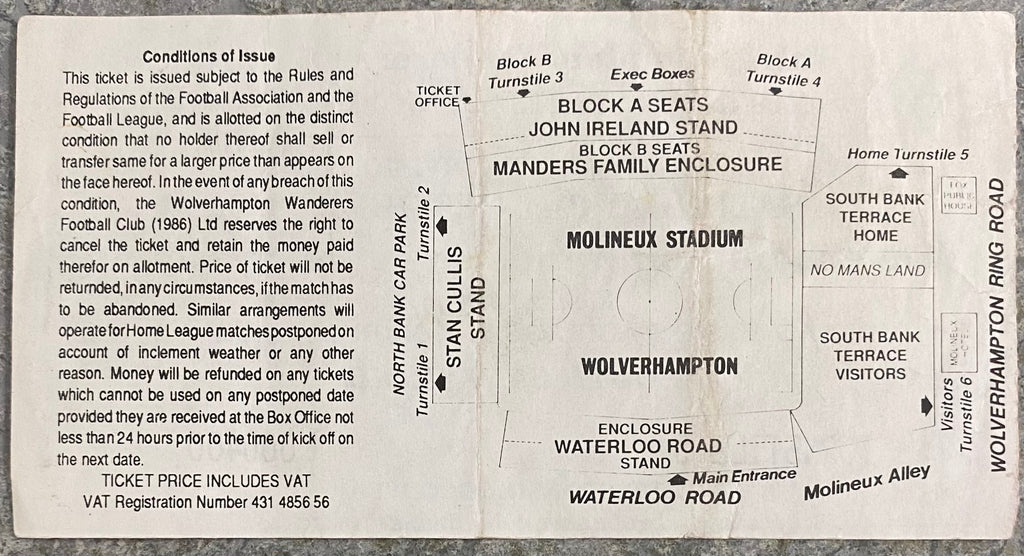 1992/93 ORIGINAL DIVISION 1 TICKET WOLVERHAMPTON WANDERERS V PETERBOROUGH UNITED