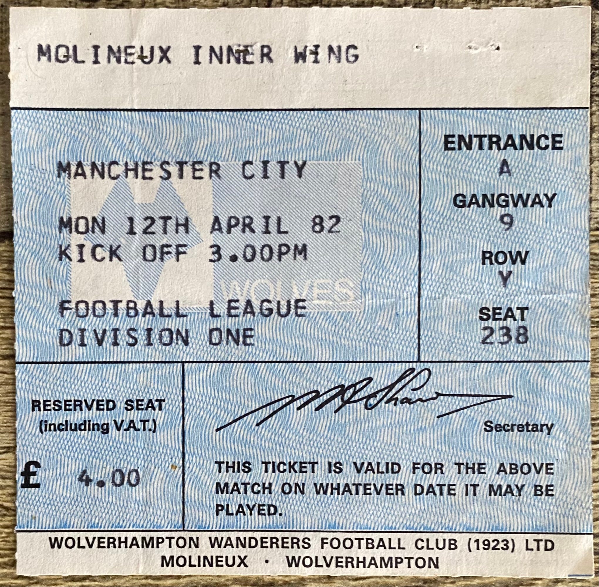 1981/82 ORIGINAL DIVISION 1 TICKET WOLVERHAMPTON WANDERERS V MANCHESTER CITY