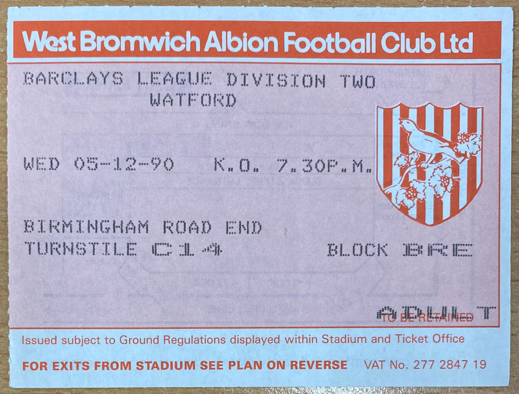 1990/91 ORIGINAL DIVISION 2 TICKET WEST BROMWICH ALBION V WATFORD