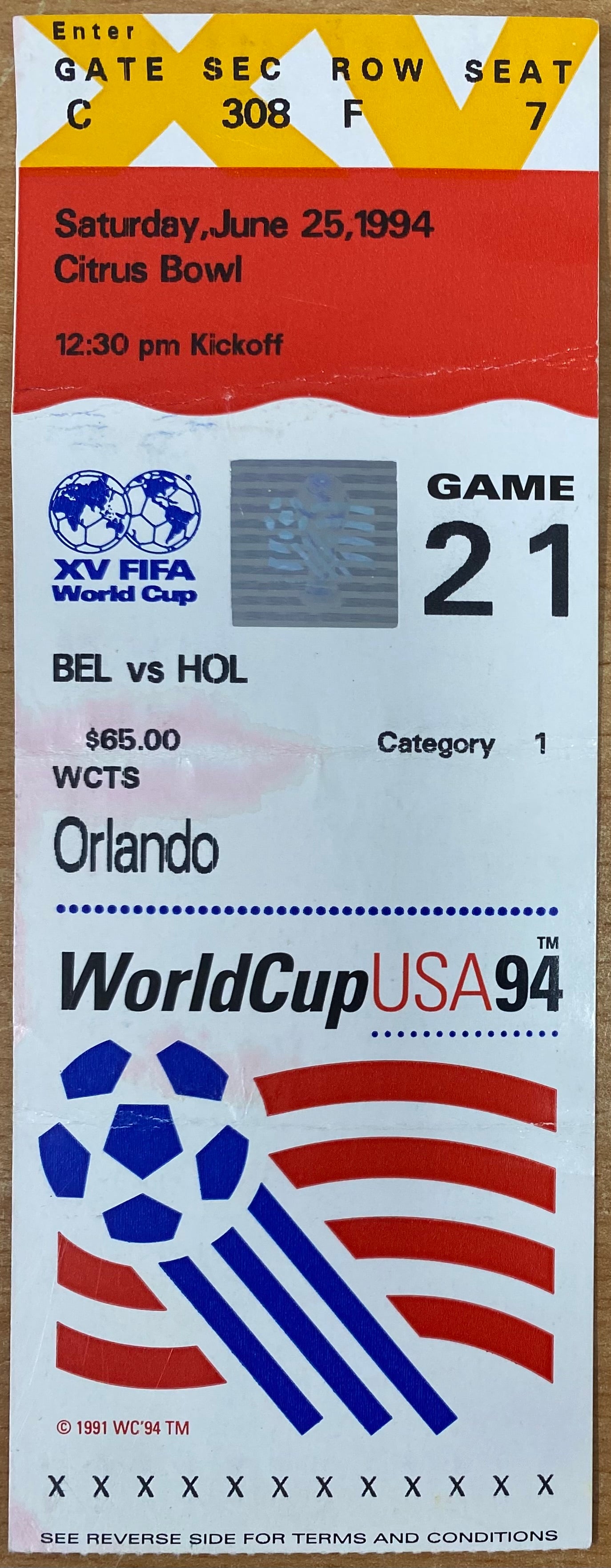 1994 ORIGINAL WORLD CUP TICKET BELGIUM V NETHERLANDS @ ORLANDO