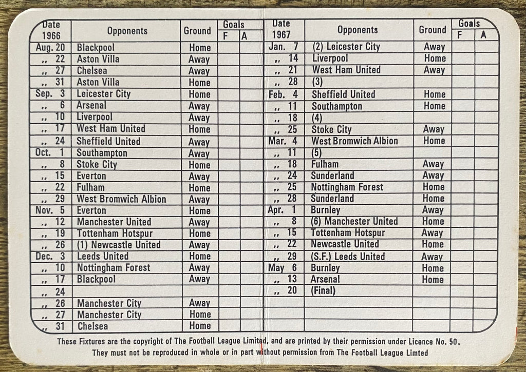 1966/67 ORIGINAL BRITISH EUROPEAN AIRWAYS FIXTURE LIST FOR SHEFFIELD WEDNESDAY