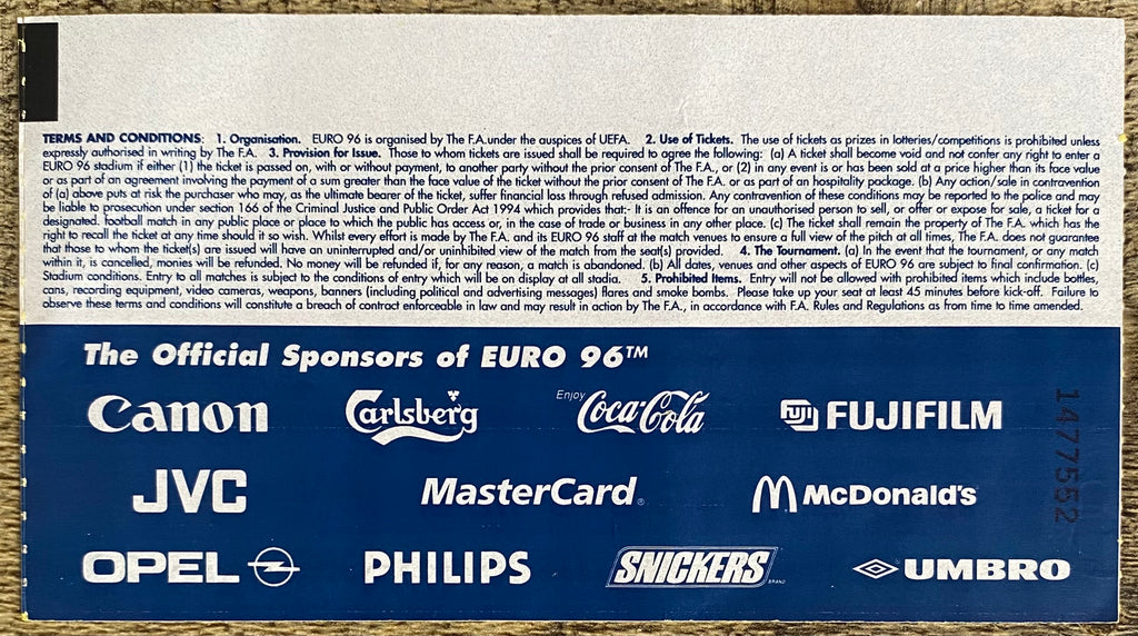 1996 ORIGINAL EUROPEAN CHAMPIONSHIPS EURO 96 QUARTER FINAL TICKET ENGLAND V SPAIN @ WEMBLEY