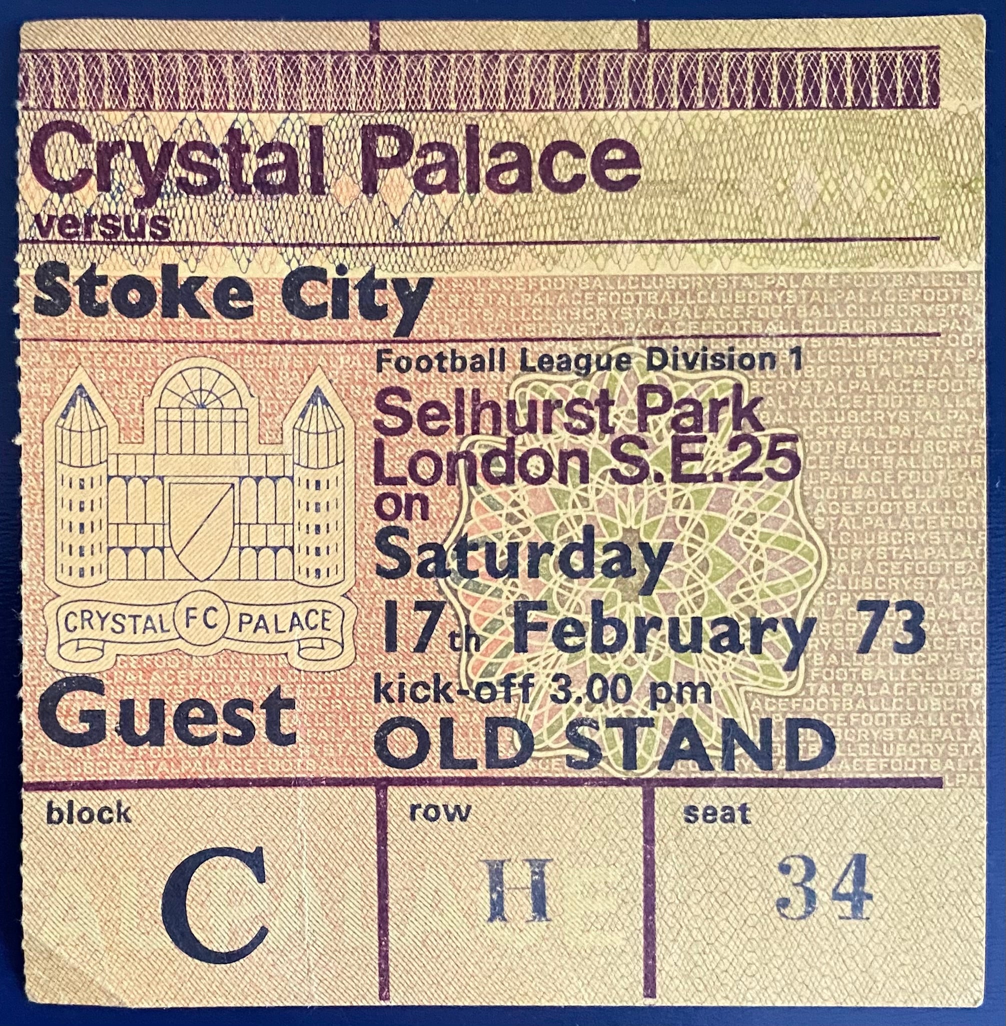 1972/73 ORIGINAL DIVISION 1 TICKET CRYSTAL PALACE V STOKE CITY