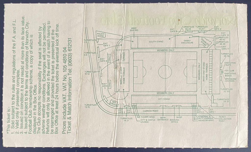 1991/92 ORIGINAL RUMBELOWS CUP 4TH ROUND TICKET NORWICH CITY V WEST HAM UNITED