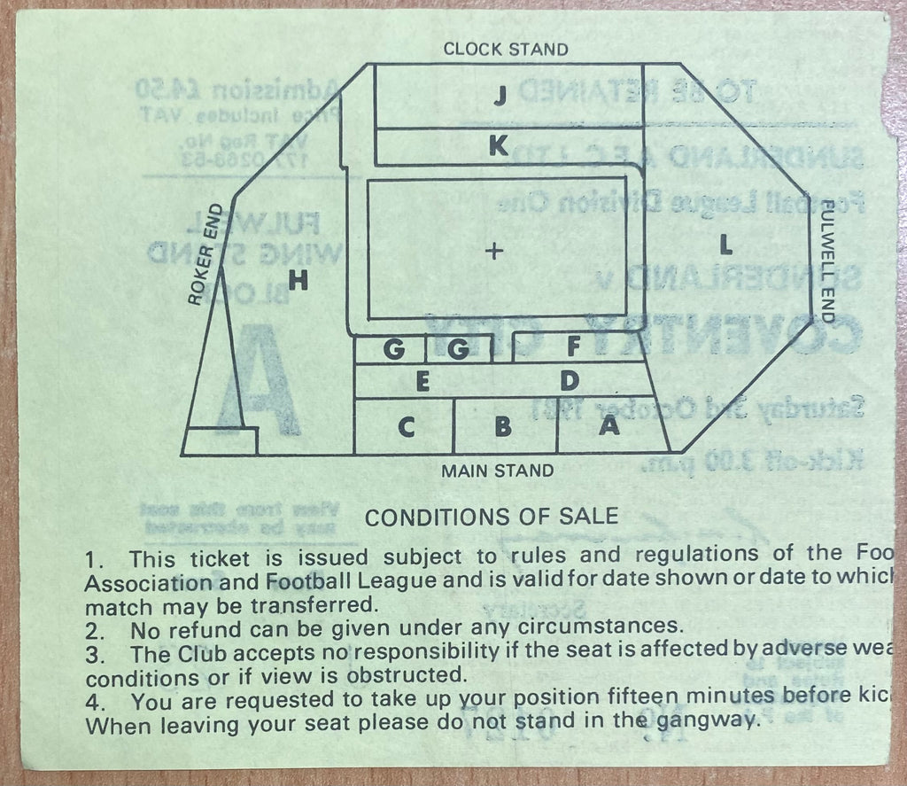 1981/82 ORIGINAL DIVISION 1 TICKET SUNDERLAND V COVENTRY CITY