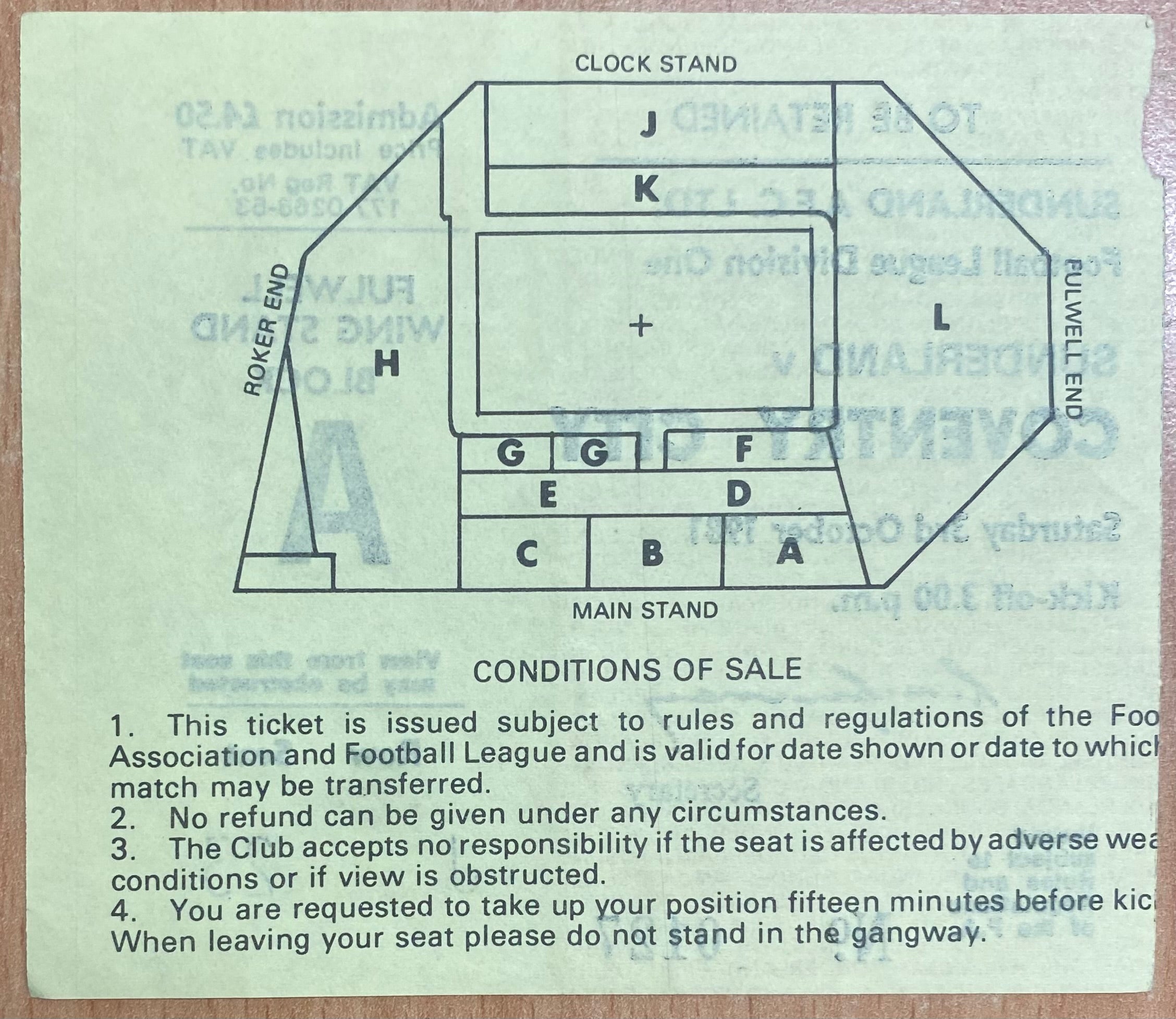 1981/82 ORIGINAL DIVISION 1 TICKET SUNDERLAND V COVENTRY CITY