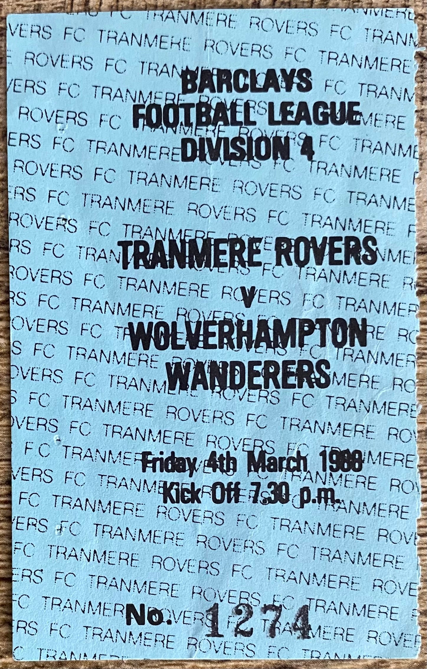 1987/88 ORIGINAL DIVISION 4 TICKET TRANMERE ROVERS V WOLVERHAMPTON WANDERERS