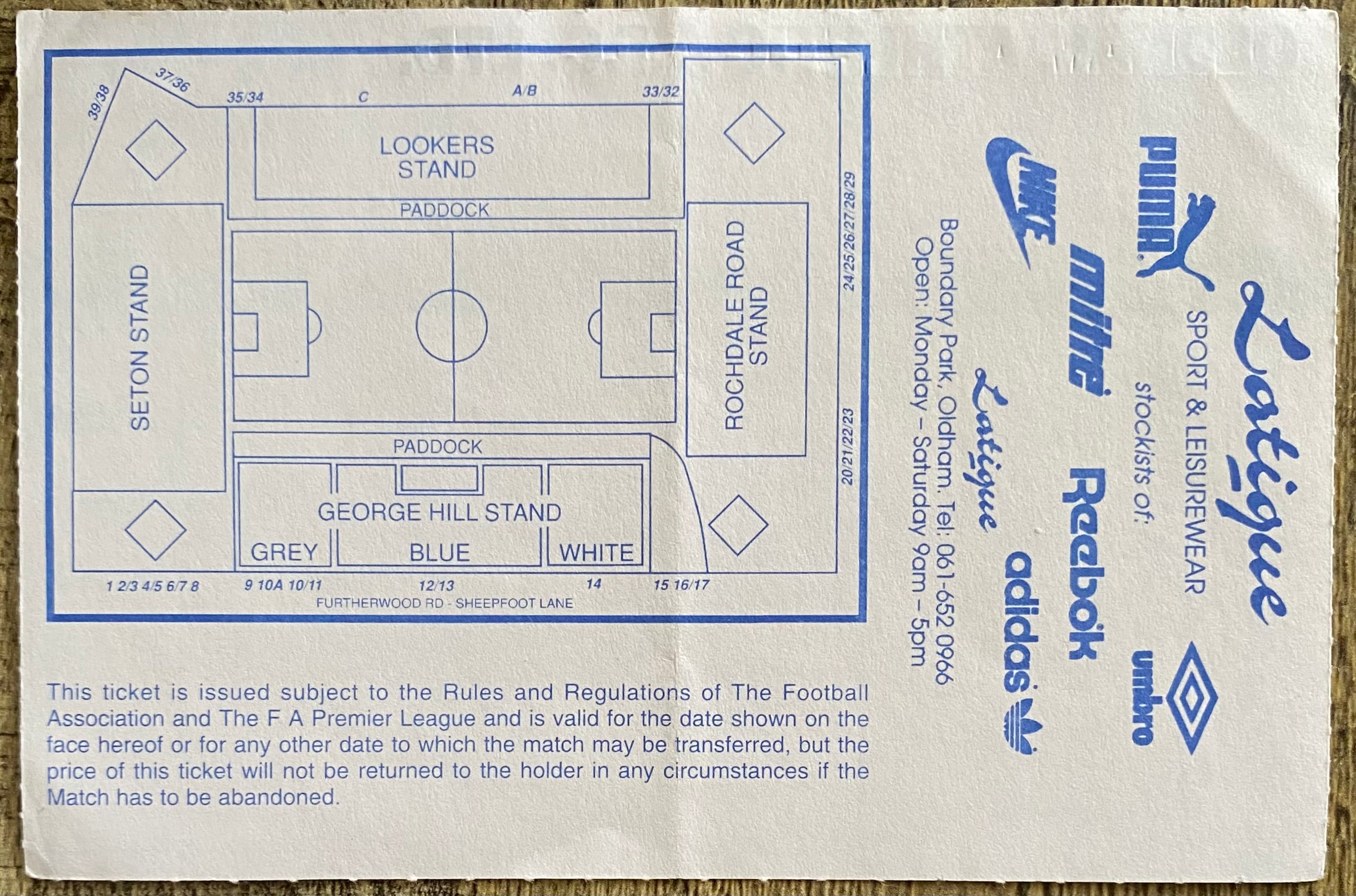 1992/93 ORIGINAL FA PREMIER LEAGUE TICKET OLDHAM ATHLETIC V LIVERPOOL