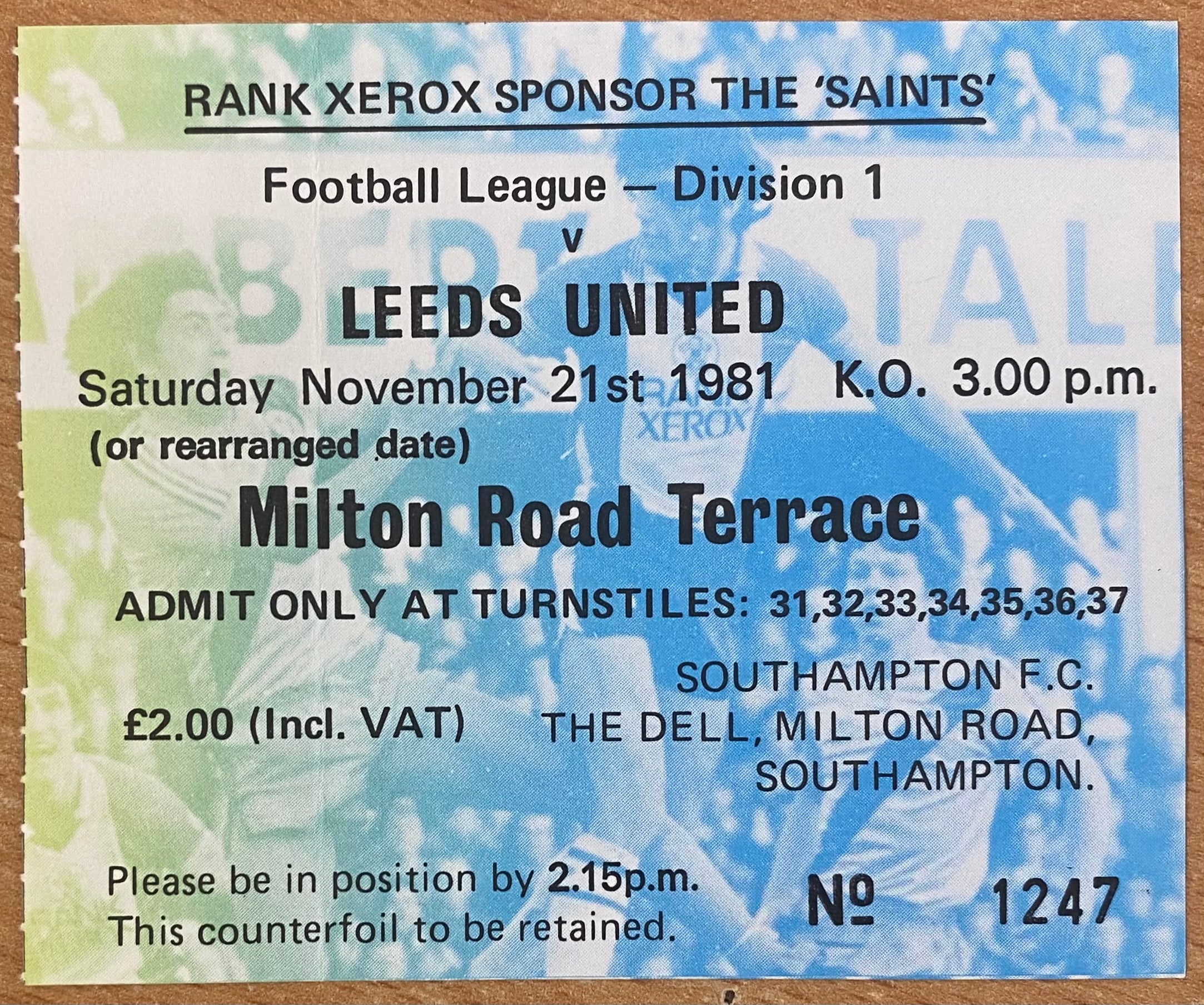 1981/82 ORIGINAL DIVISION ONE TICKET SOUTHAMPTON V LEEDS UNITED