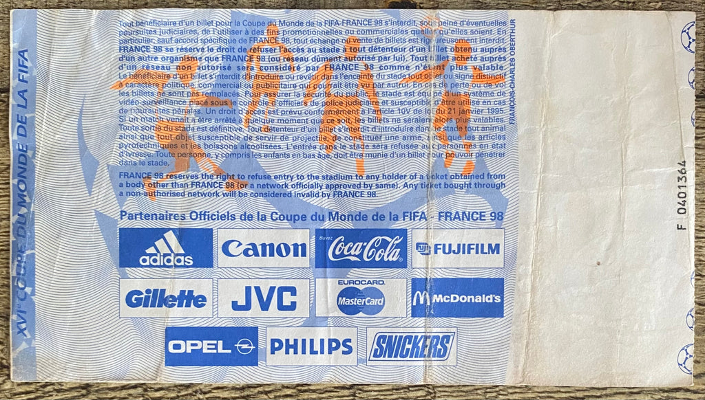 1998 ORIGINAL WORLD CUP 1ST ROUND TICKET ENGLAND V ROMANIA @ TOULOUSE