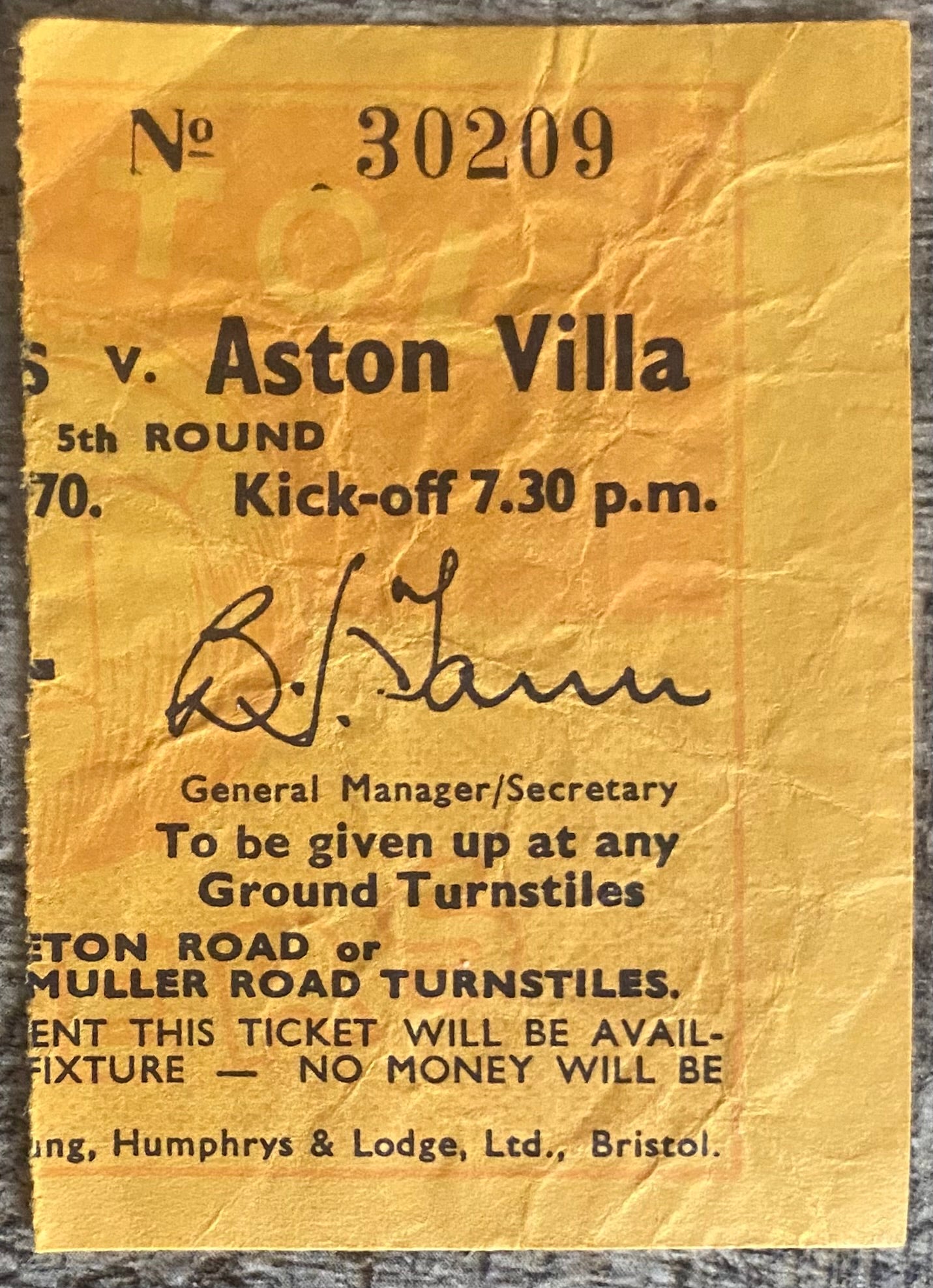 1970/71 ORIGINAL LEAGUE CUP 5TH ROUND TICKET BRISTOL ROVERS V ASTON VILLA