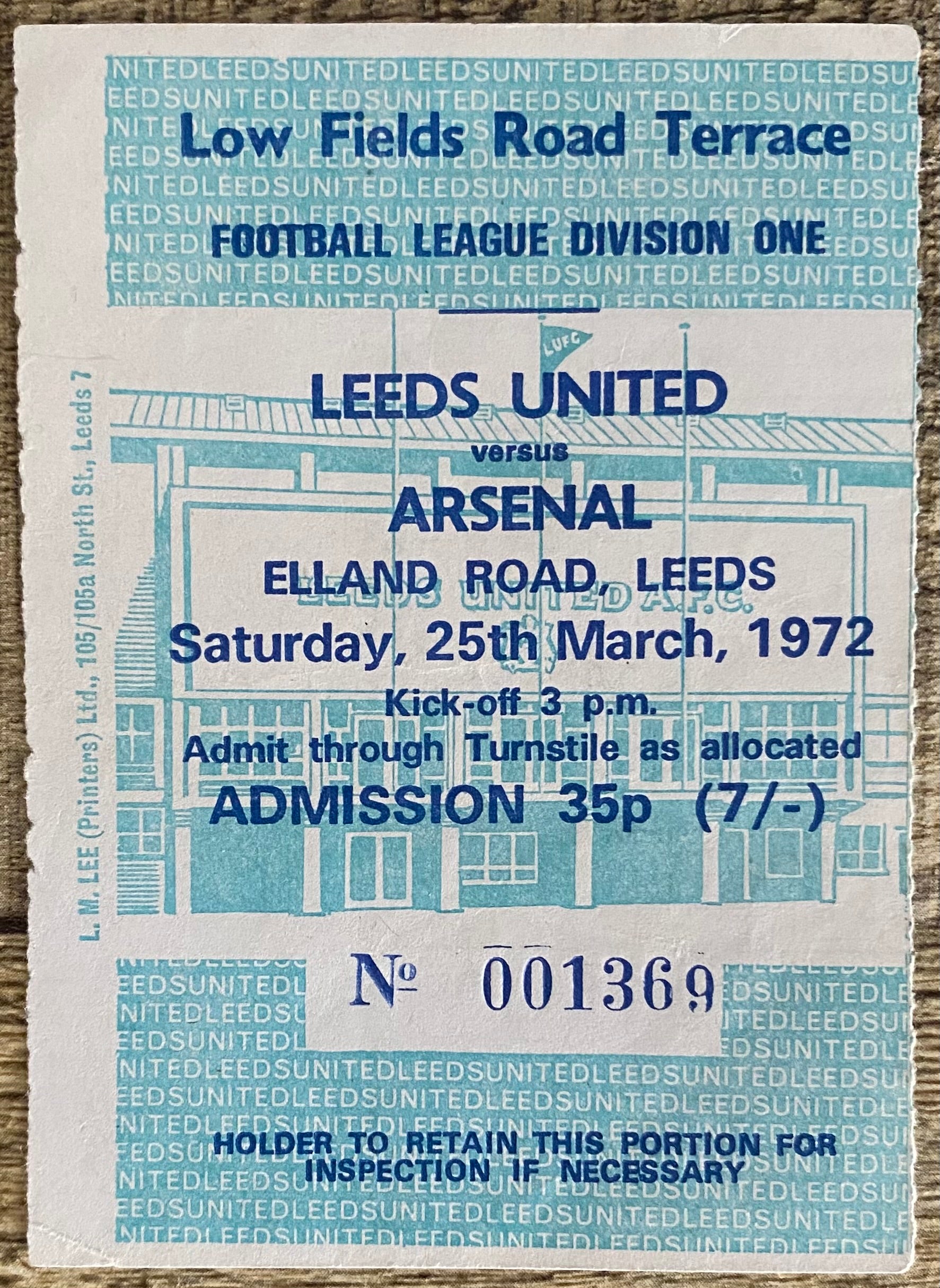 1971/72 ORIGINAL DIVISION ONE TICKET LEEDS UNITED V ARSENAL
