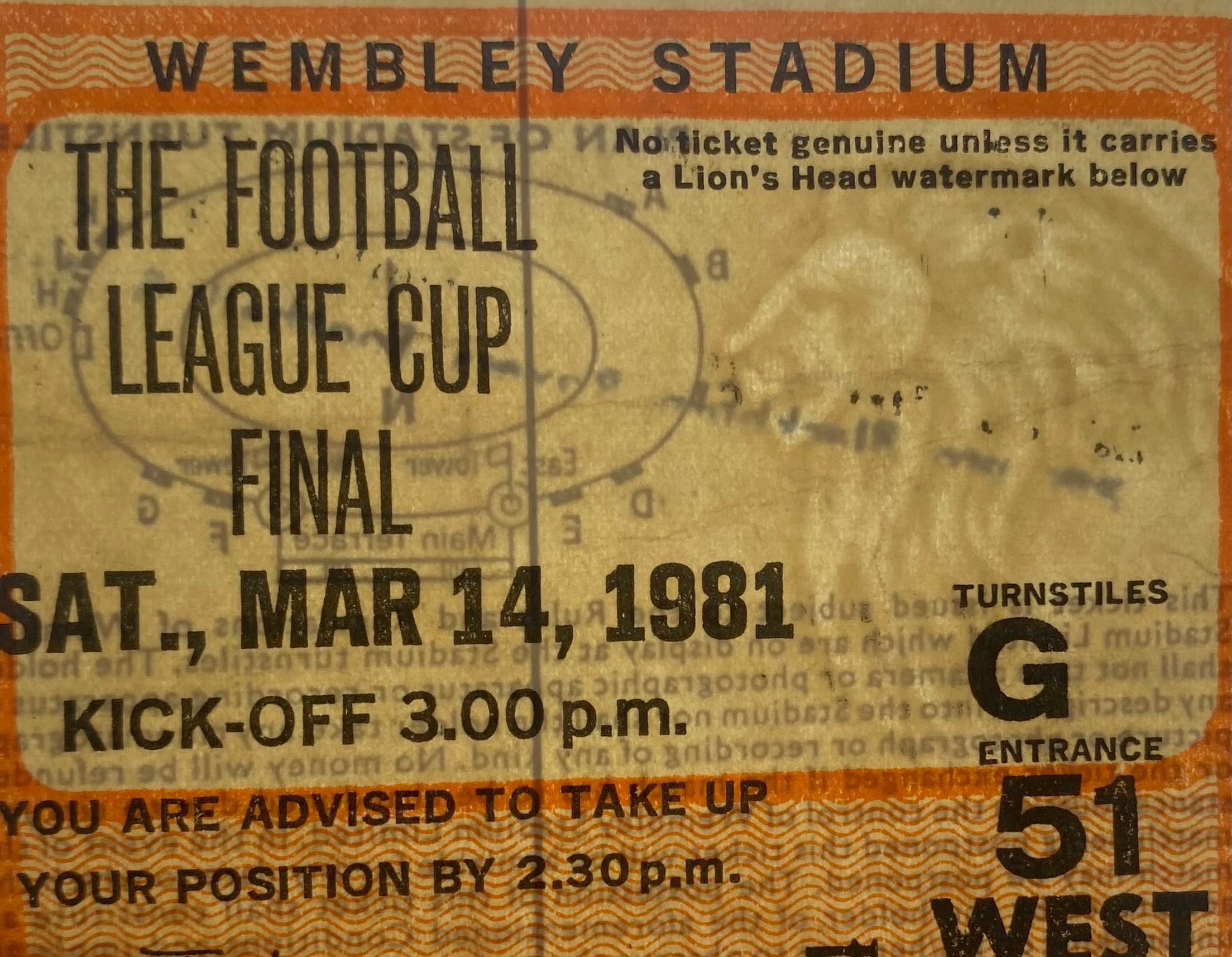 1981 ORIGINAL LEAGUE CUP FINAL TICKET LIVERPOOL V WEST HAM UNITED