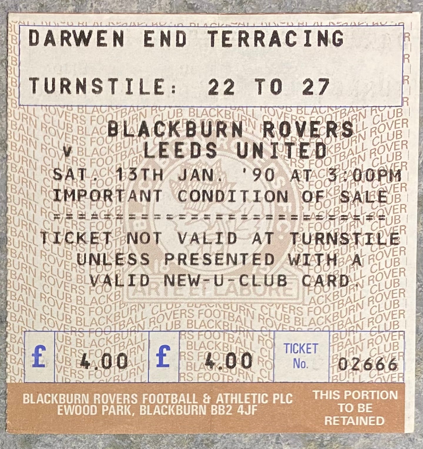 1989/90 ORIGINAL DIVISION TWO TICKET BLACKBURN ROVERS V LEEDS UNITED