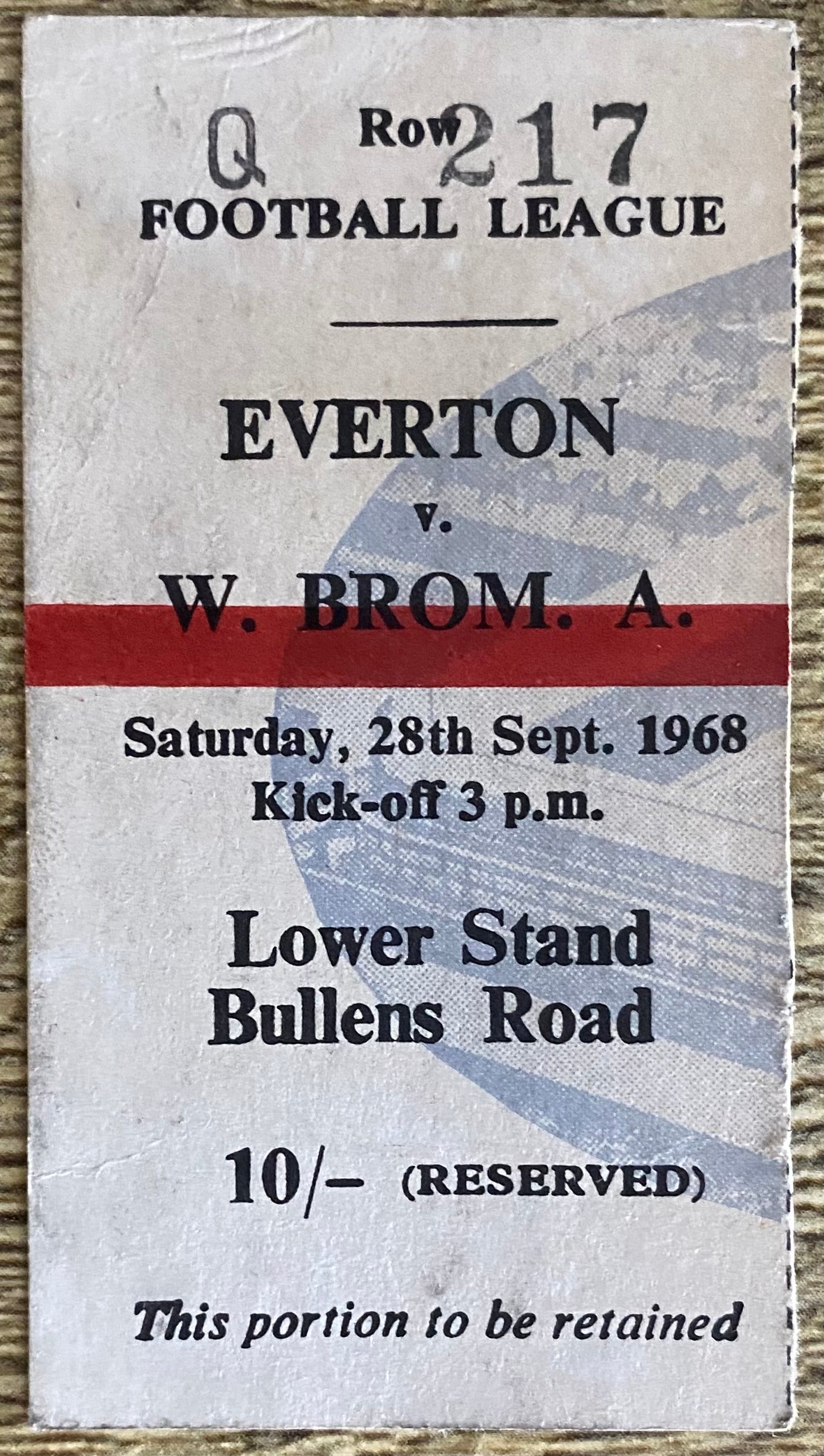 1968/69 ORIGINAL DIVISION ONE TICKET EVERTON V WEST BROMWICH ALBION