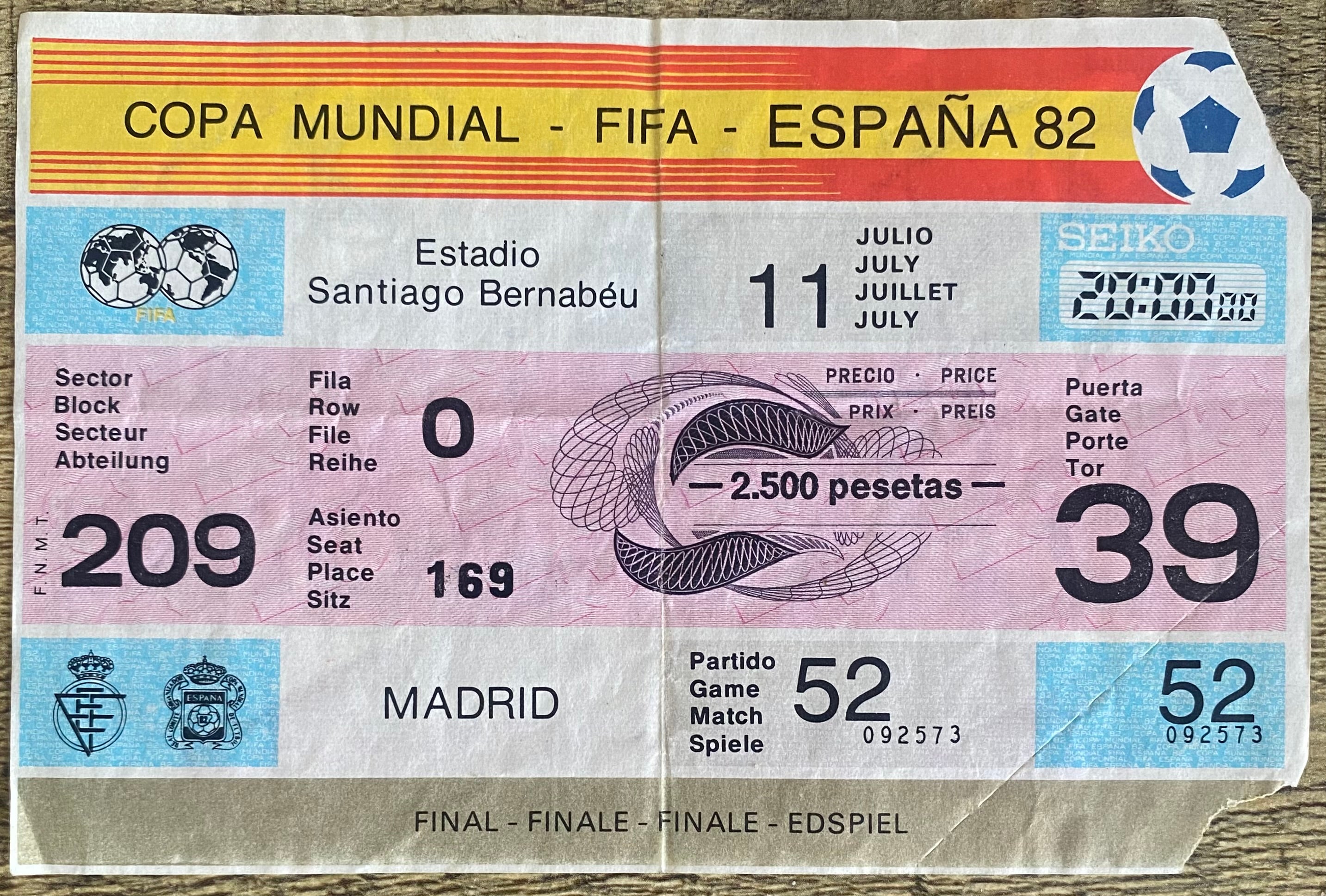 1982 ORIGINAL WORLD CUP FINAL TICKET ITALY V WEST GERMANY @ MADRID