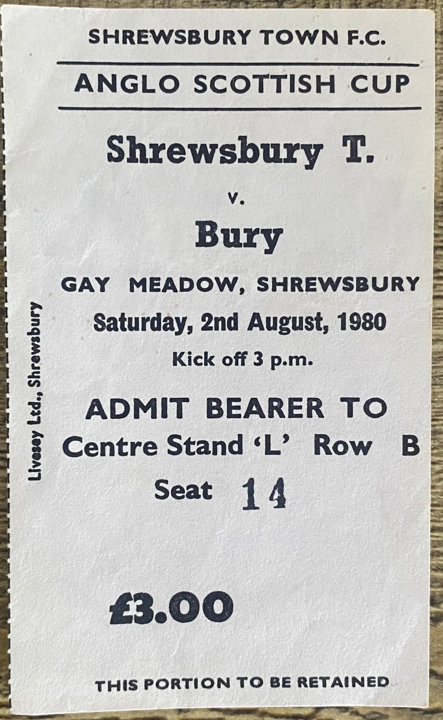 1980/81 ORIGINAL ANGLO SCOTTISH CUP TICKET SHREWSBURY TOWN V BURY